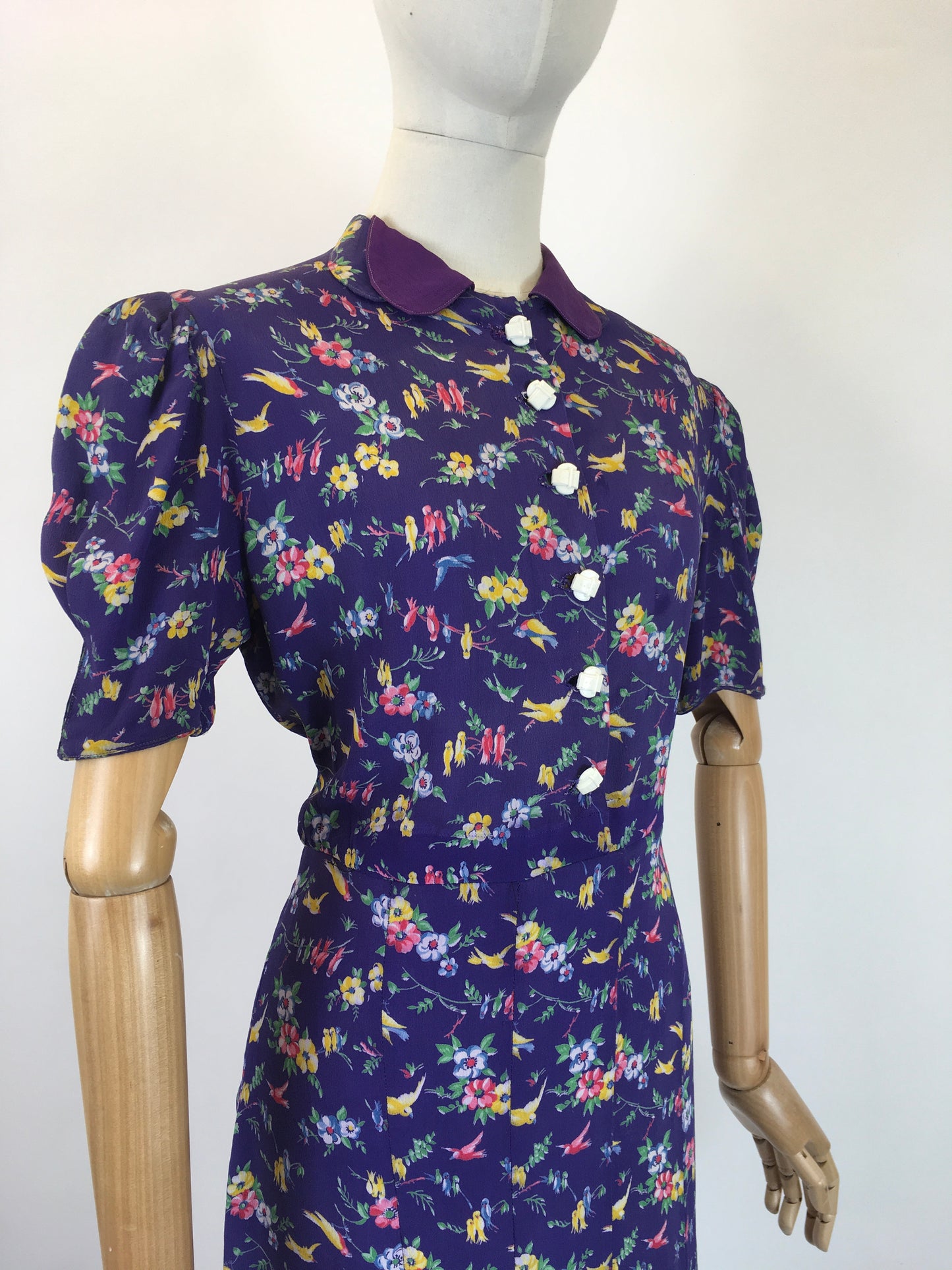 Original 1940s AS IS Novelty Print Crepe Dress - With Birds And Flowers in Rainbow colours