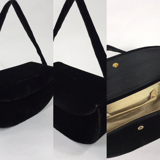 Original 1940’s Black Velvet Evening Box Bag - In a Lovely Half Moon Shape