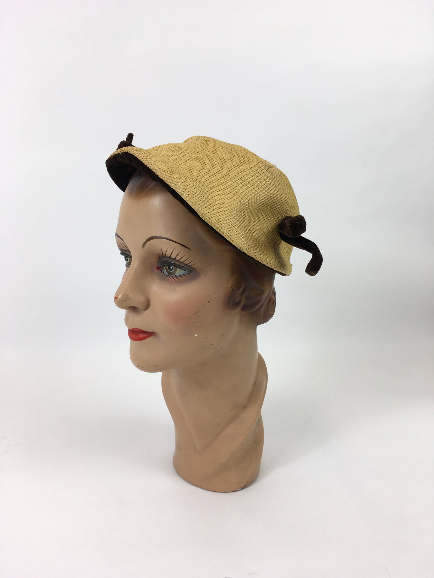 Original 1950’s Fun Autumnal Hat - In Warm Yellow and Brown Velvet Trims