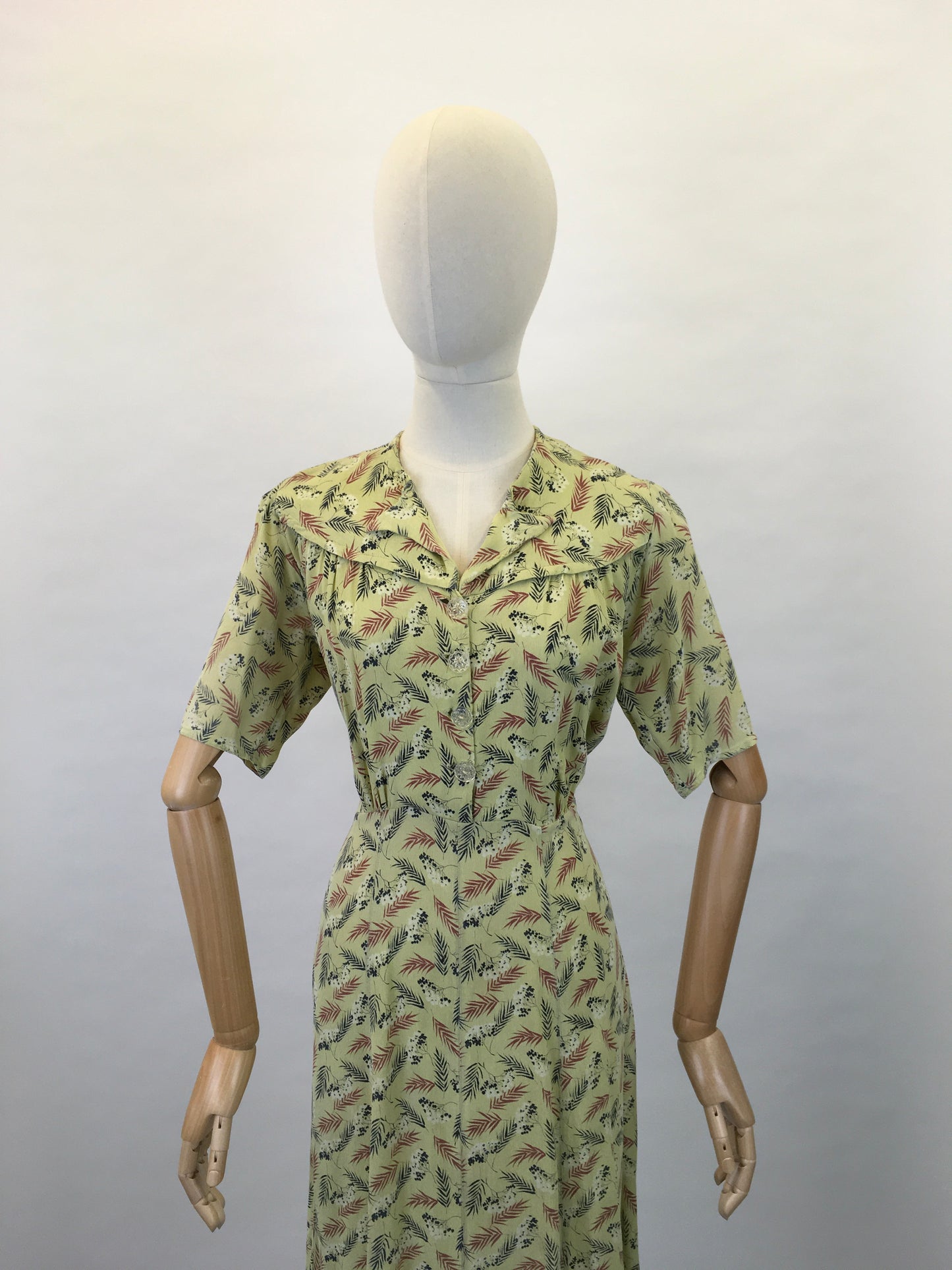 Original 1940s Day Dress - In a Lovely Chartreuse Crepe with Wheat / Leaf Print In Charcoal, Rust and White