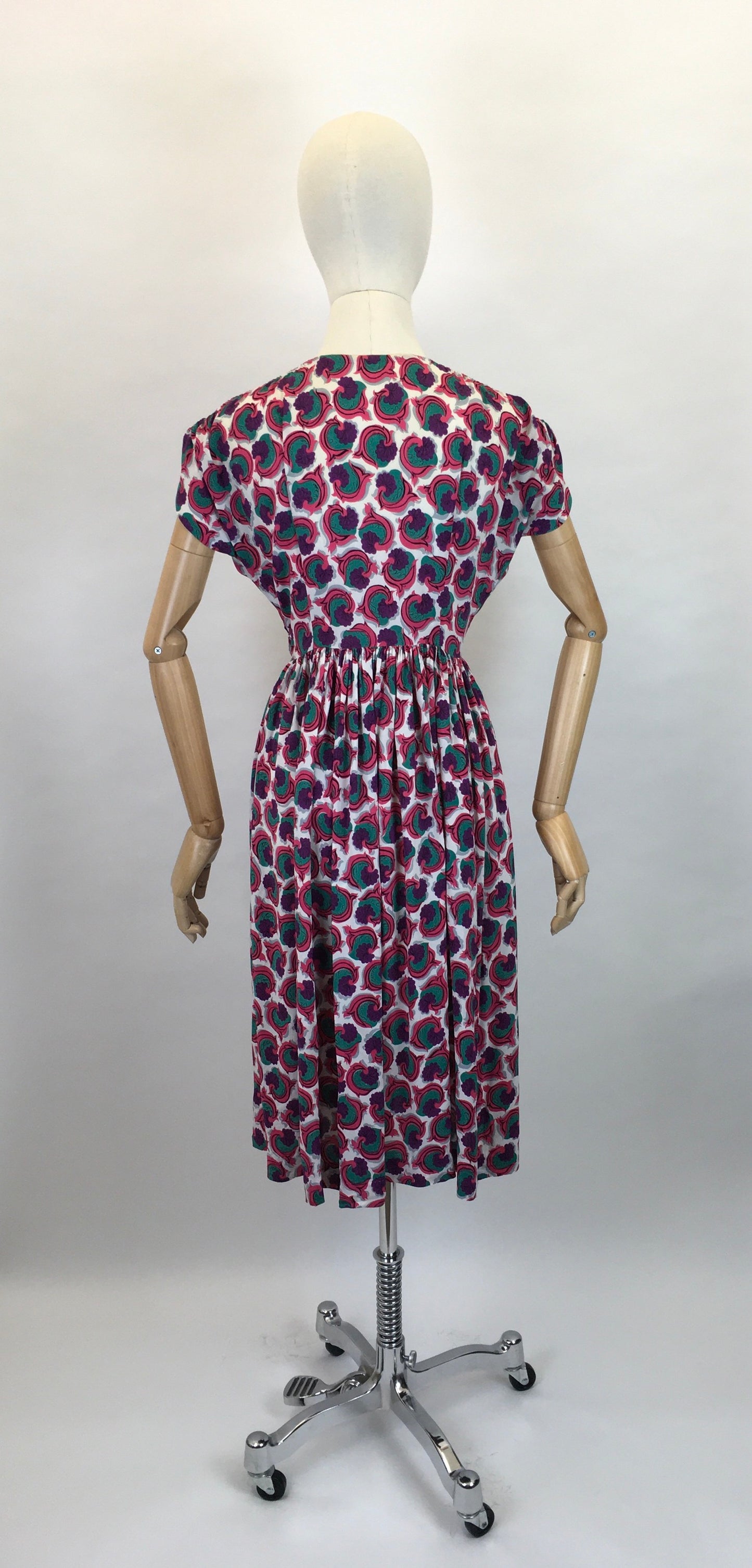 Original 1940s Crepe De Chine Dress - In a Beautiful Pallet of Rich Purples, Pinks and Jade Green