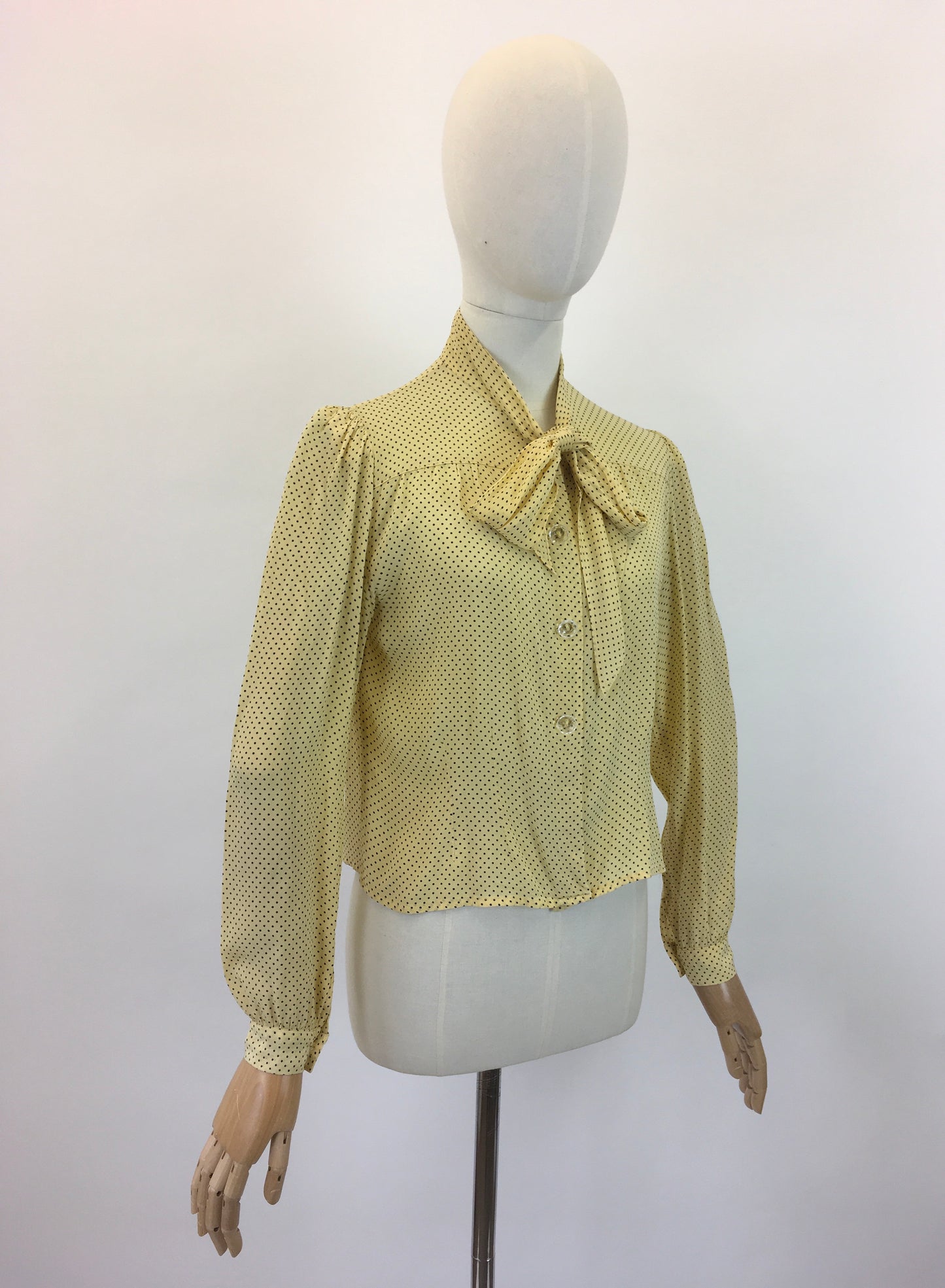 Original 1940's Darling Pussy Bow Blouse - In A Delightful Yellow Polka Dot Crepe