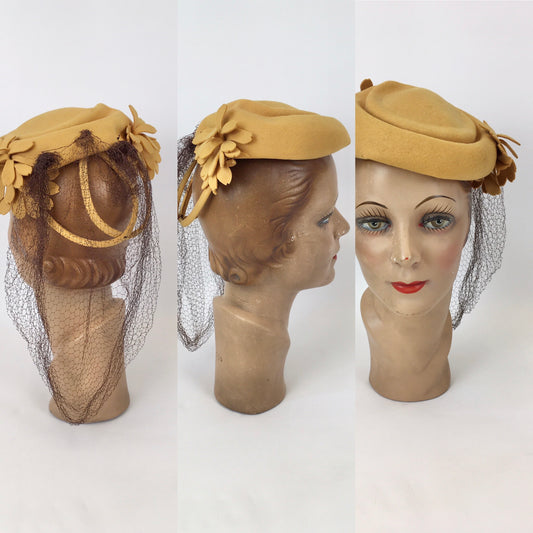 Original 1940’s SENSATIONAL Mustard Topper Hat - With Flora and Brown Veiling