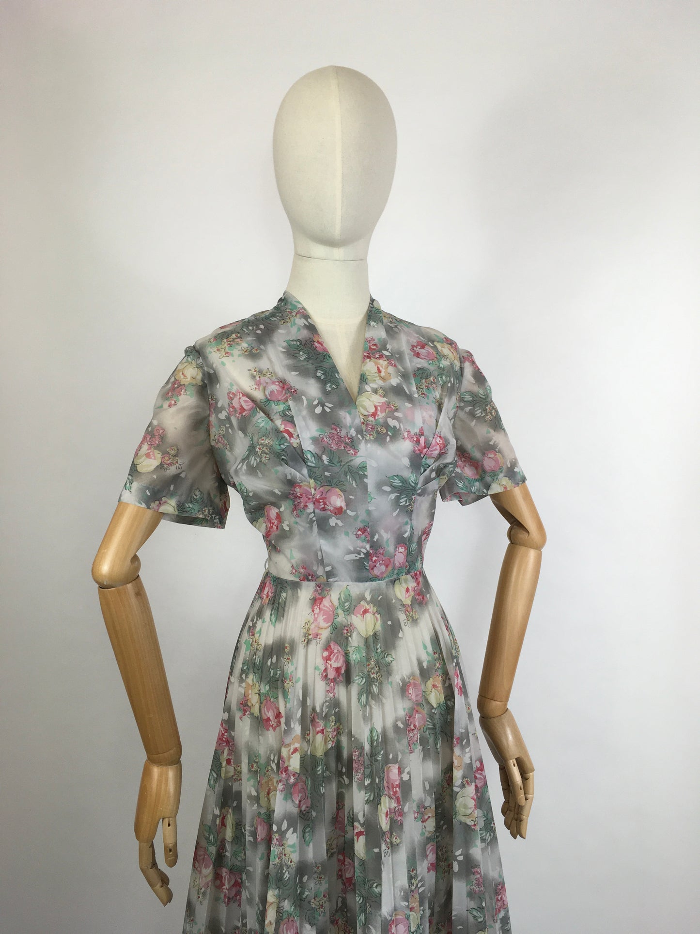 Original 1950s ‘ Eastex ‘ Floral Dress - In a Lovely Muted Colour Pallet of Soft Pinks, Muted Creams, Taupe and Greys