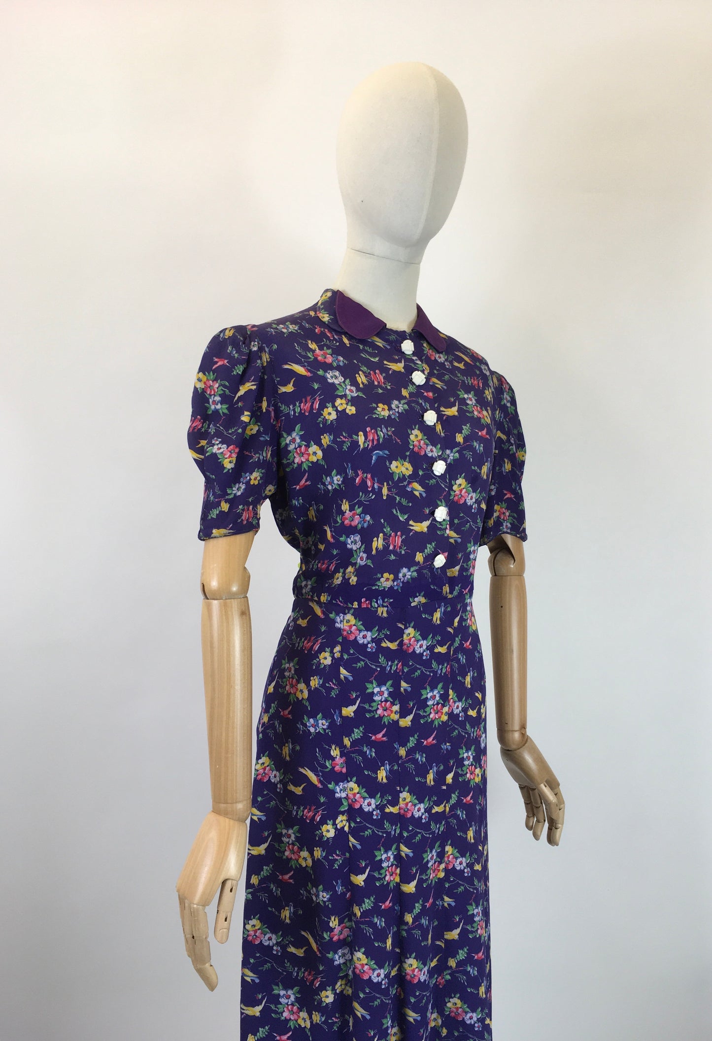 Original 1940s AS IS Novelty Print Crepe Dress - With Birds And Flowers in Rainbow colours