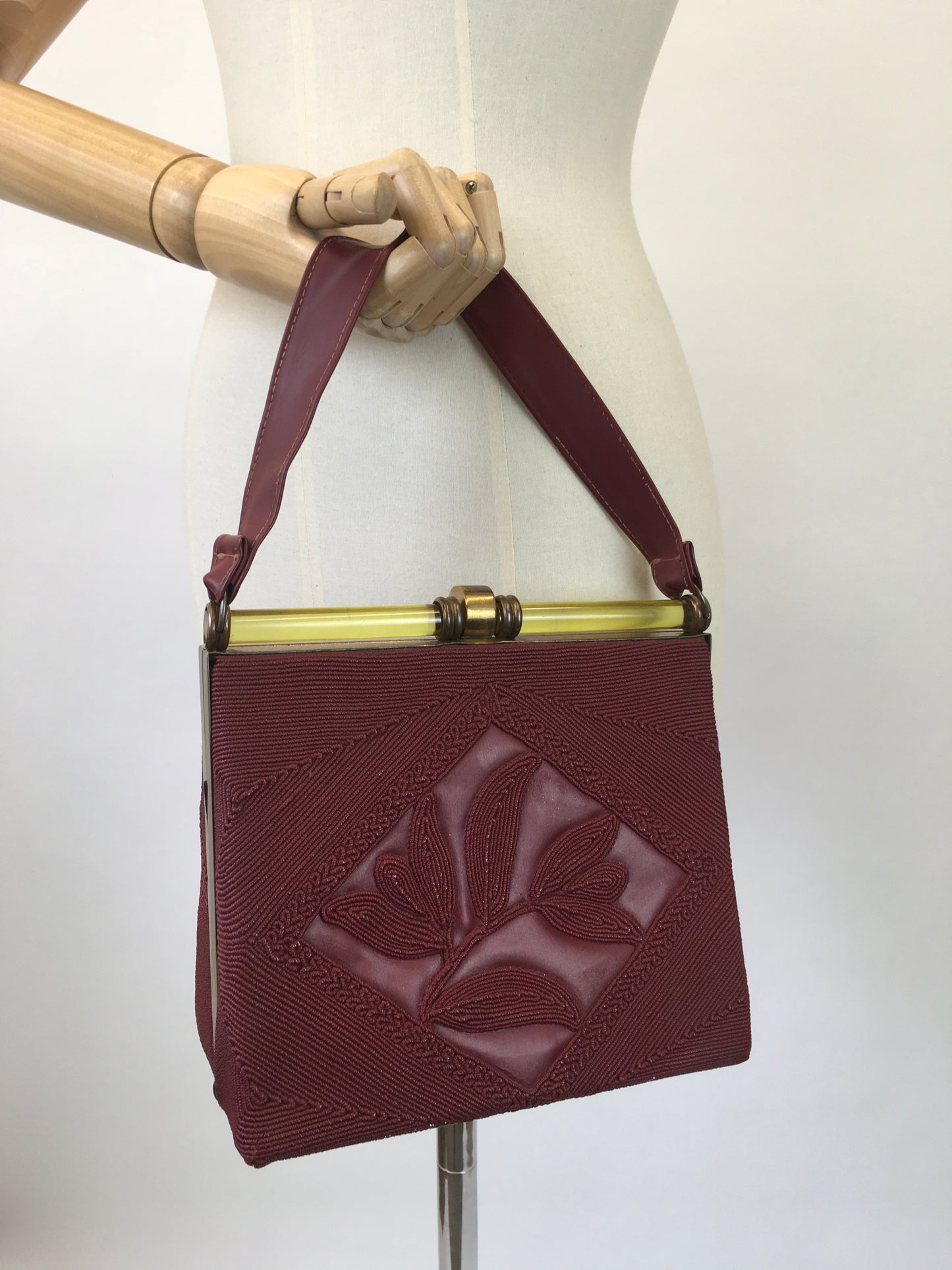 Original 1940's Sensational Vinyl Embossed Corde Handbag - In A Rich Burgundy