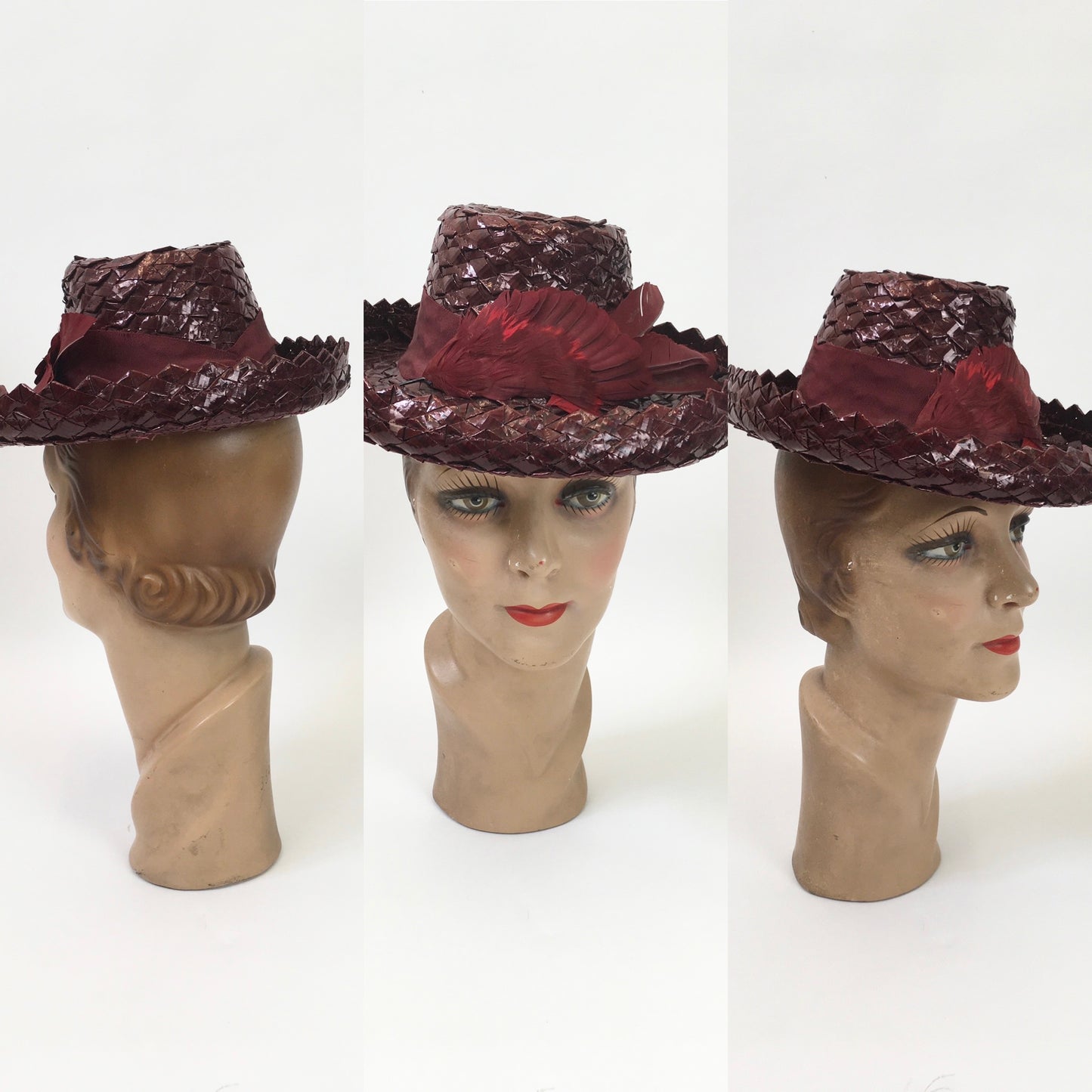 Original 1940's Sensational Raffia Hat with Feather Adornment - In A Warm Red Wine