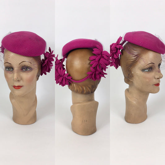 Original 1940’s Fabulous Fuchsia Pink Tilt Hat - With Back Plate and Floral Adornments