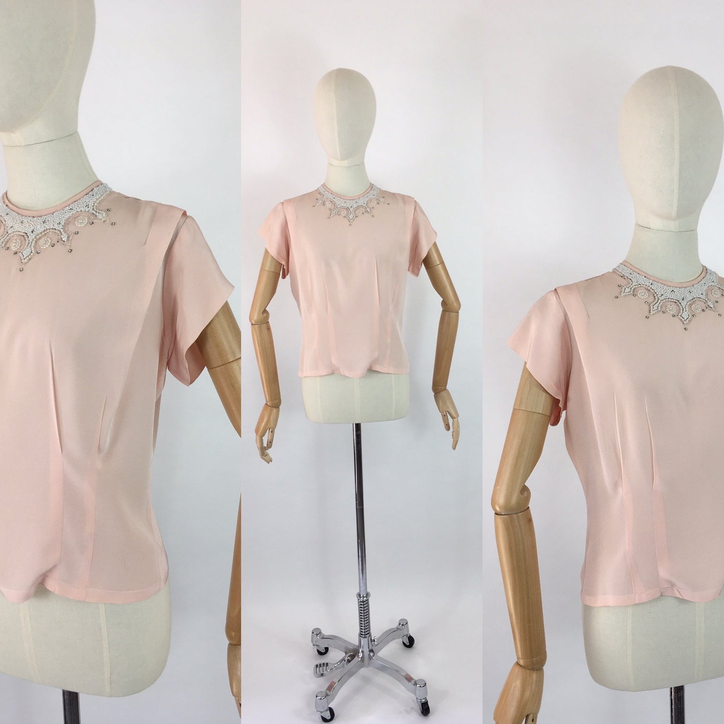 Original 1940s Soft Pink Blouse - With Beautiful Beaded Yoke Detailing