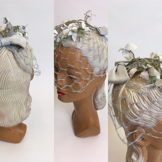 Original late 1940’s early 1950s Headpiece - Powder blue veiling adorned with ivory & green flowers