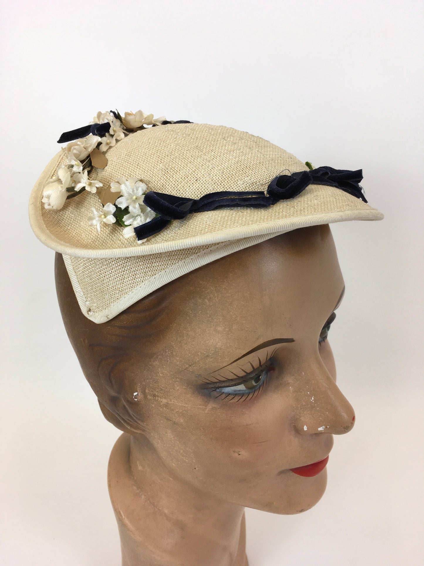 Original 1950’s Darling Natural Straw Headpiece - With Millinery Flora and Navy Velvet Bows