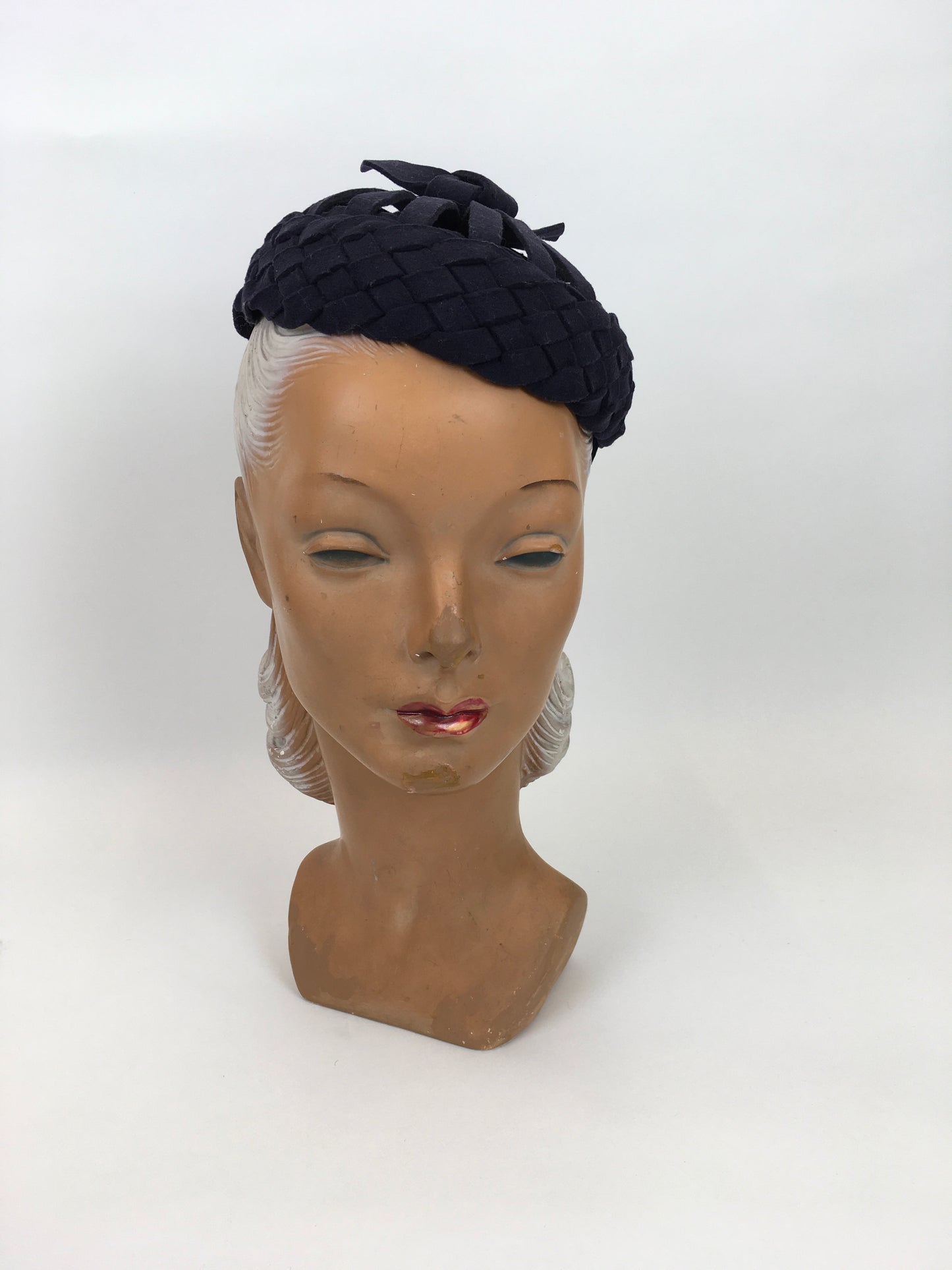 Original 1940s Navy Felt Topper Hat - Featuring Lattice and Weave Felt Work with Bow