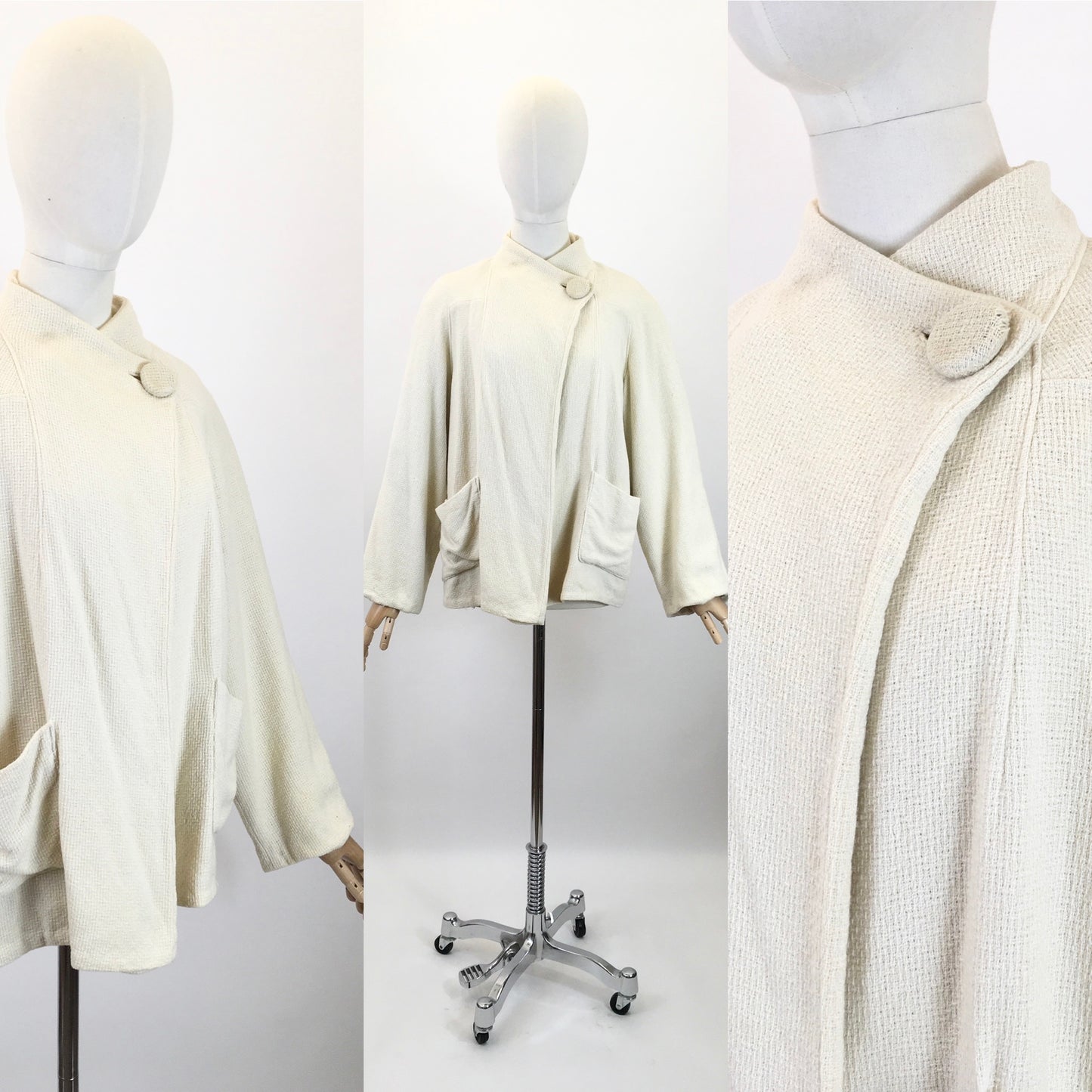 Original Early 1940's Darling Waffle Jacket - In A Light Cream with Deco Details