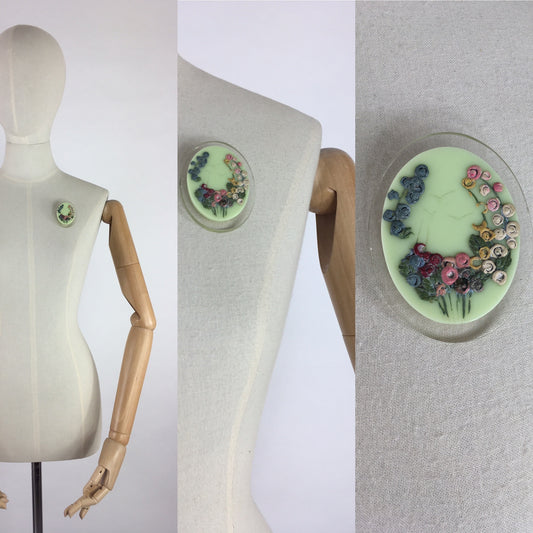 Original 1940’s Double Layered Lucite Brooch - With Handpainted Pastel Floral Details