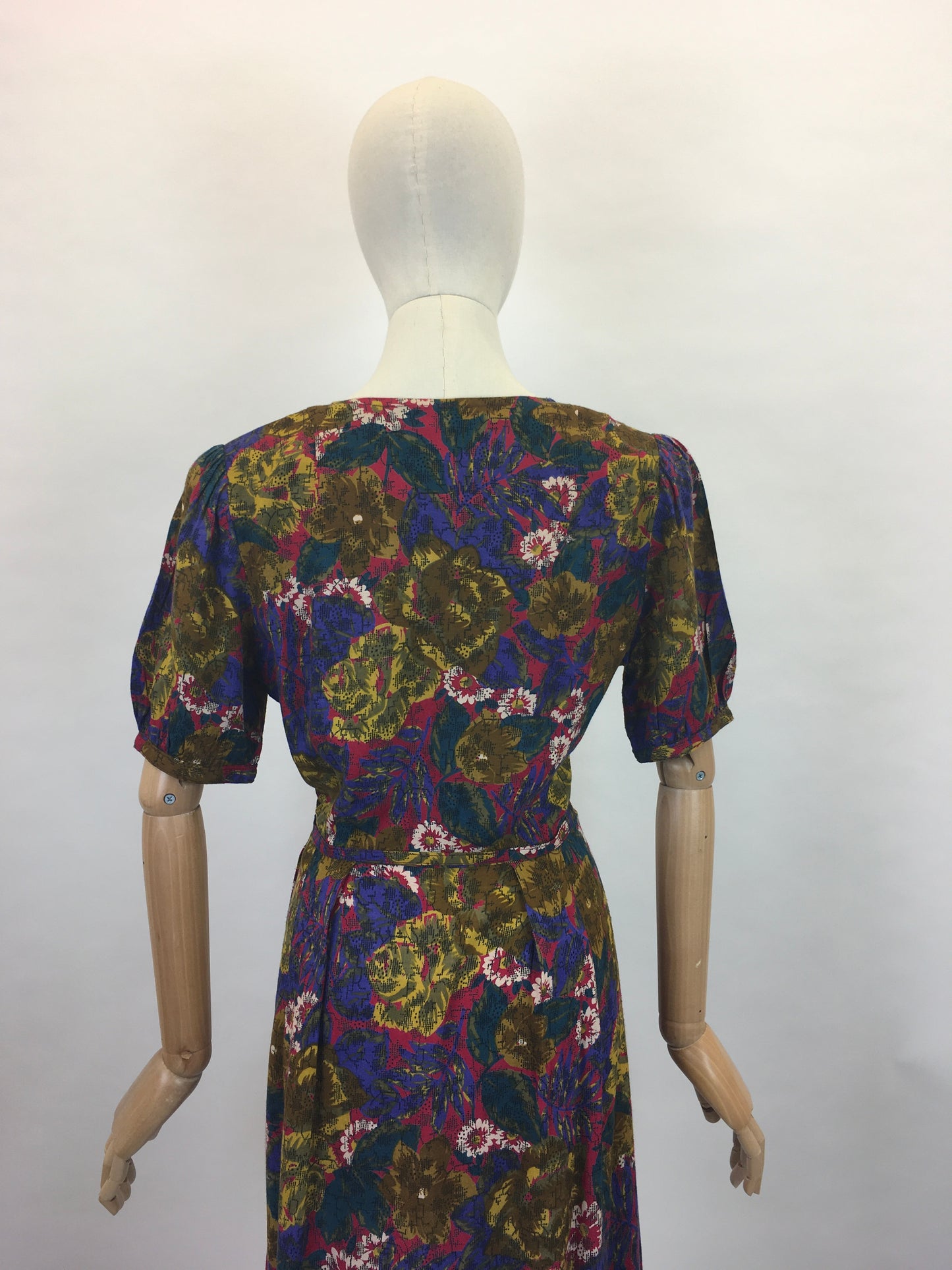 Original 1940s Beautiful Day Dress - In a Lovely Floral in Deep Reds,Mustards, Rich Purples and Stencilled Blacks