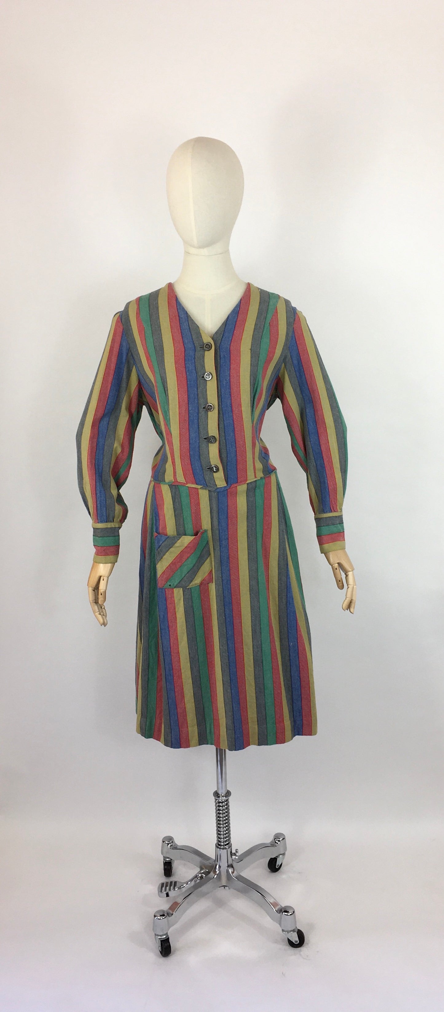 Original Late 1930s Day Dress - In a Fabulous Heavyweight Linen in a Rainbow Stripe with Contrast Chevron Pattern