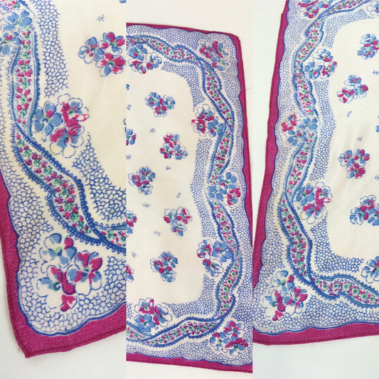 Original 1940’s Rayon Hankie - In Cerise Pink, Ivory and Blue
