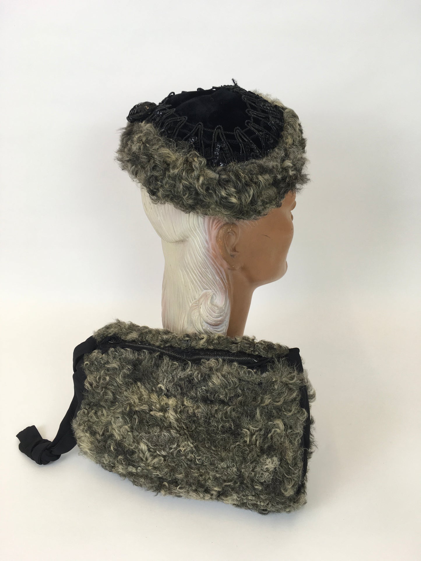 Original 1940s Gorgeous Hat & Muff 2pc Set - In a Lovely Grey Astrakhan and Black Velvet with Trim