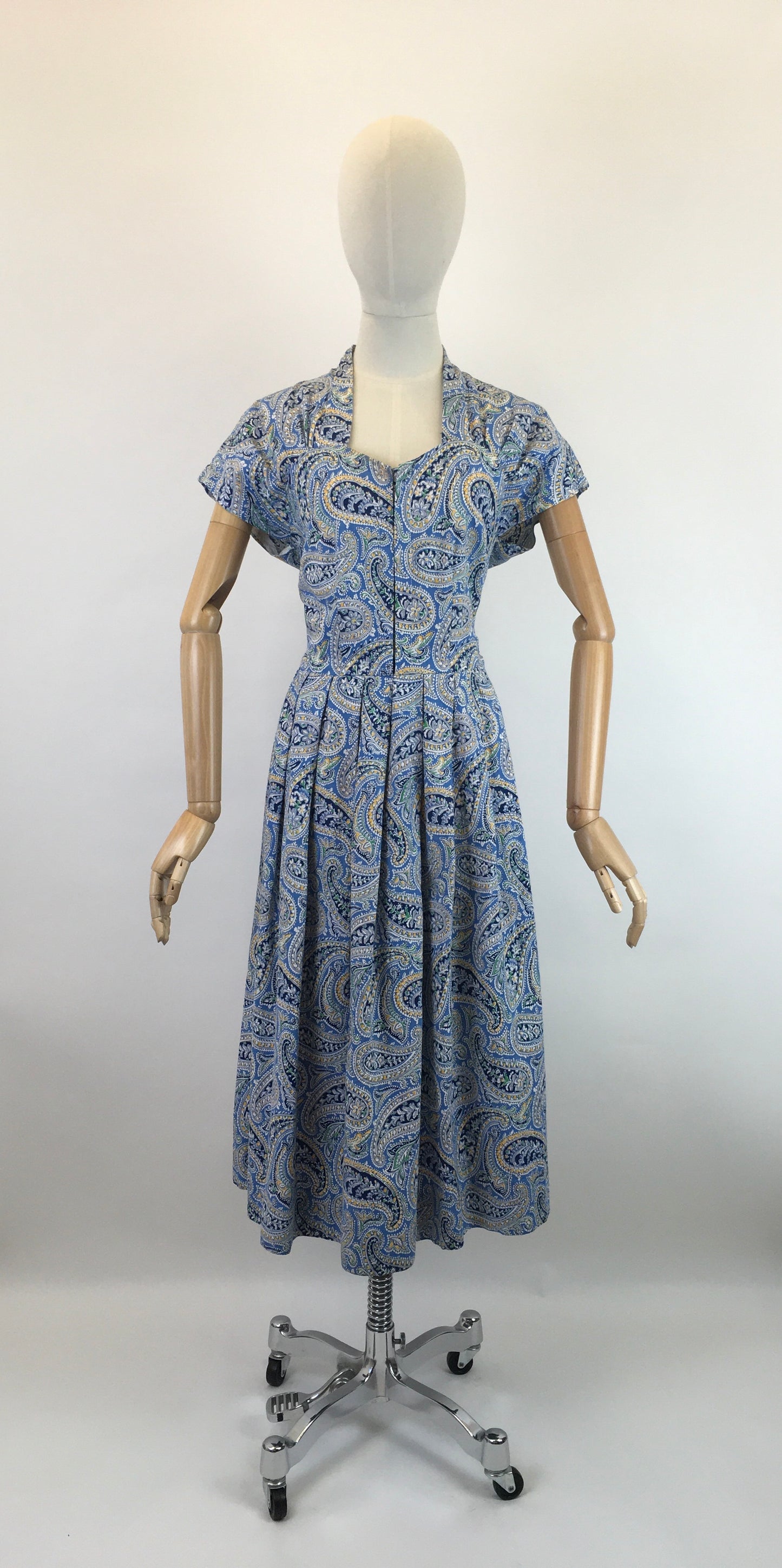 Original Late 1940’s Early 1950’s Cotton Day Dress - In A Paisley Print in Powder Blue, Navy, Yellow and Bottle Green