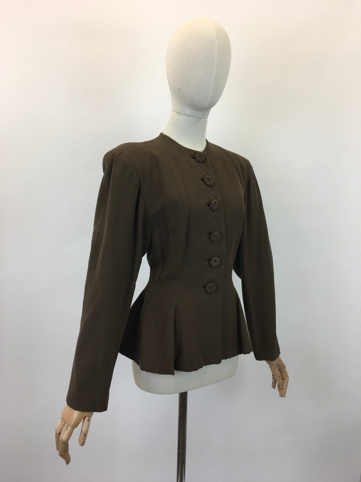 Original 1940's Stunning Crepe Jacket With Peplum - In Chocolate Brown with Flower Petal Buttons