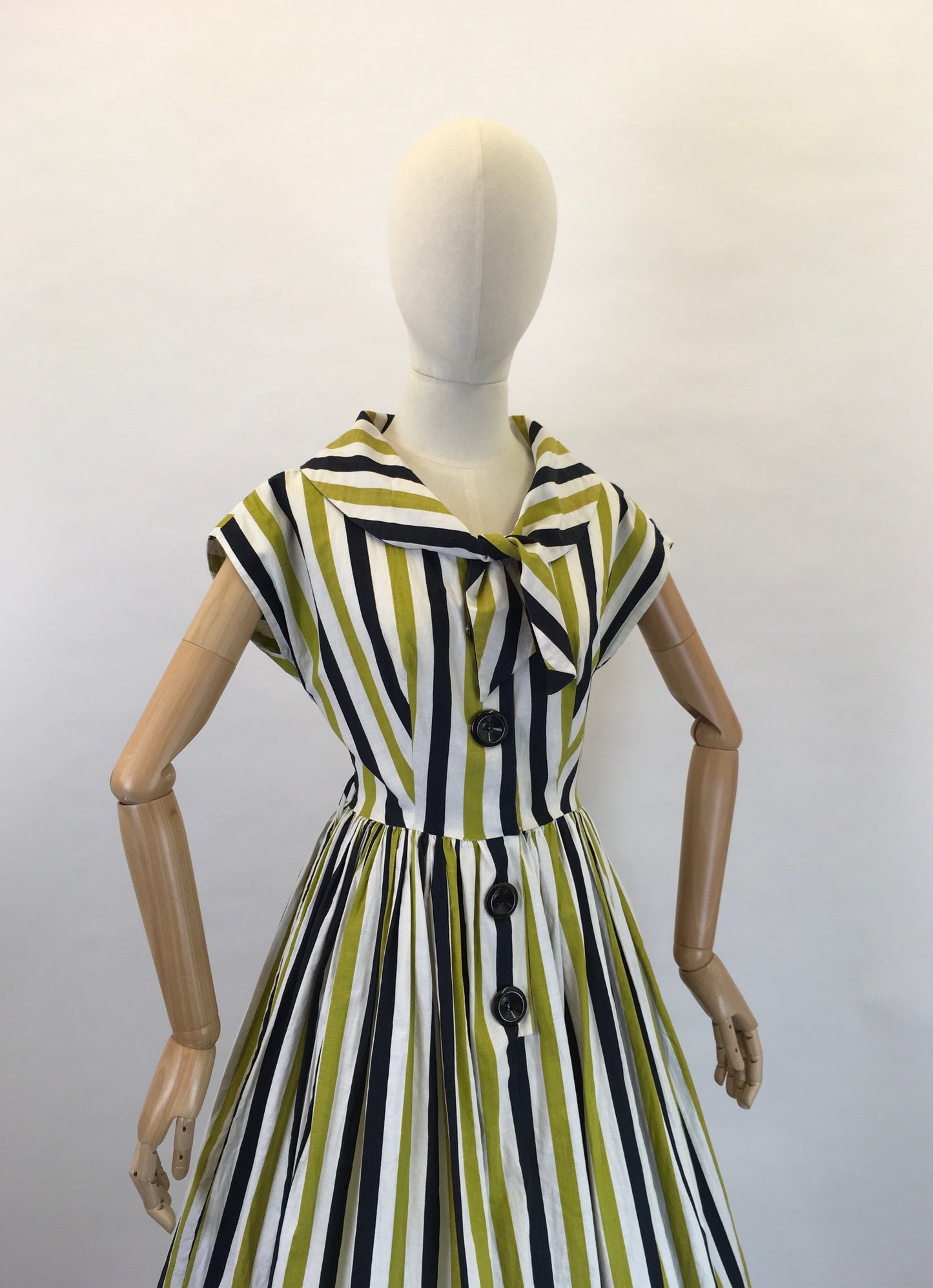 Original 1950s Fun Day Dress - Made From a Lovely Black, White and Chartreuse Stripe Cotton
