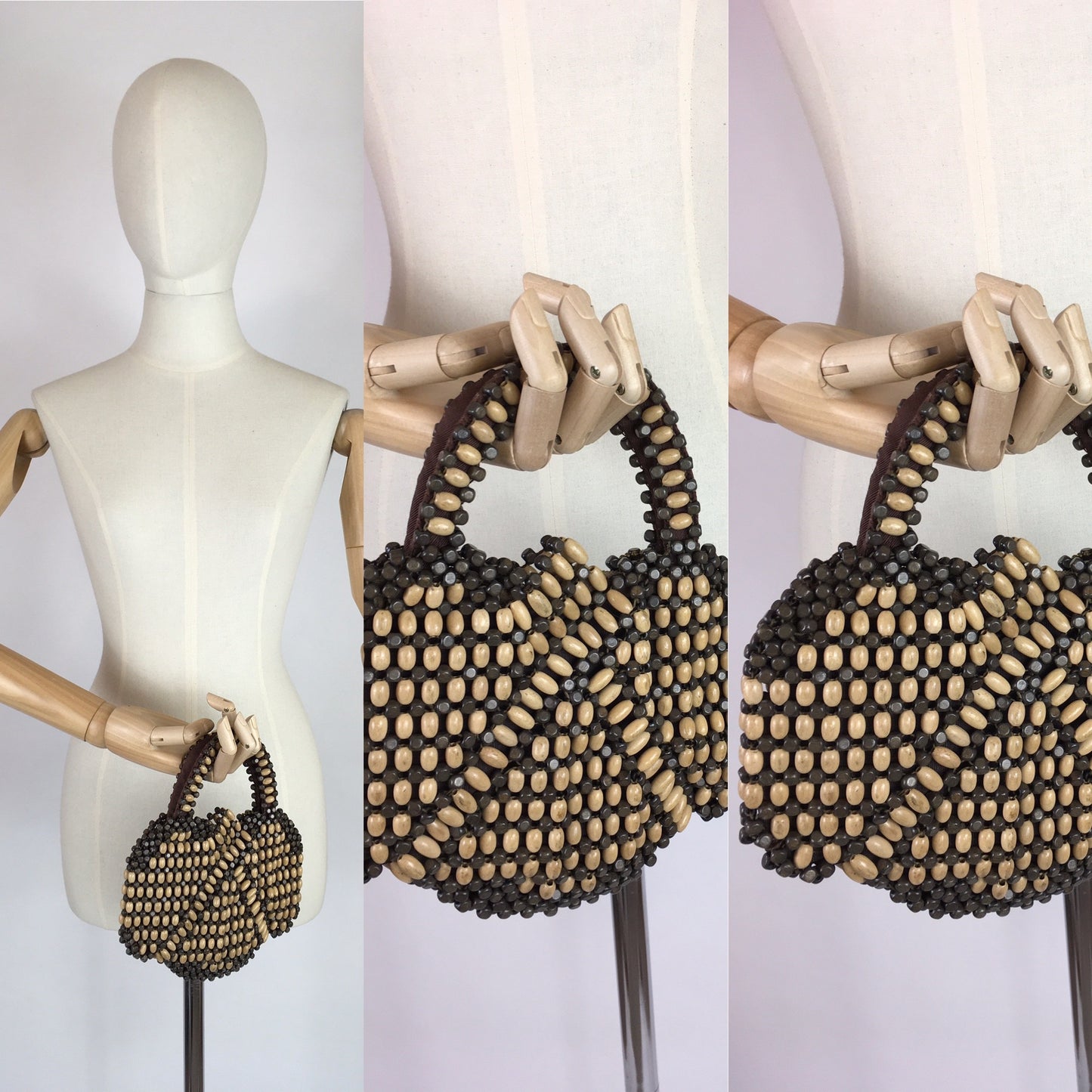 Original 1940’s Wooden Beaded Bag - In 2 Tone Brown Wooden Beads