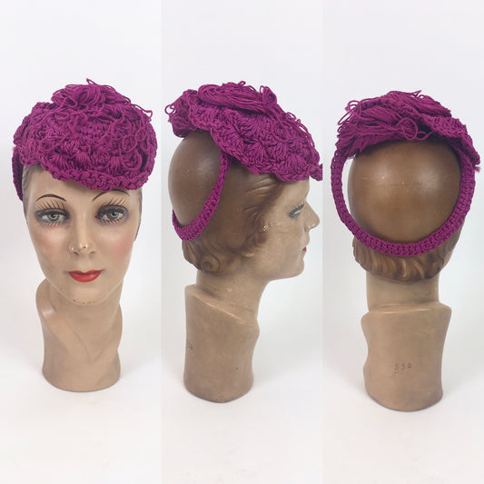 Original 1940’s Fabulous Popcorn Crochet Headpiece - In A Bright Fuchsia Pink