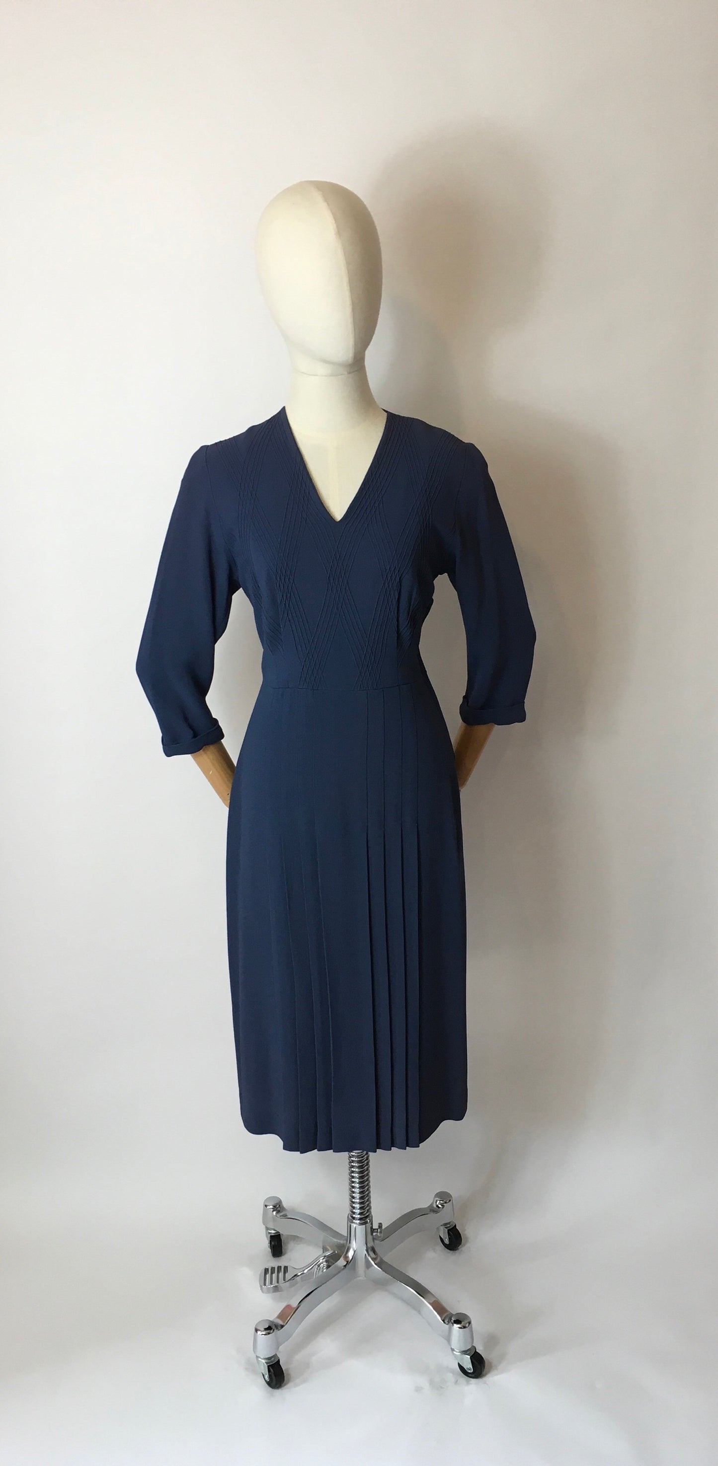 Original 1940’s Airforce Blue Crepe Day Dress - Lovely Criss Cross Detailing to the Bodice