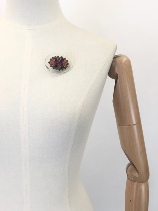 Original 1940's Clear Plastic & Barbola Brooch - In Warm Florals