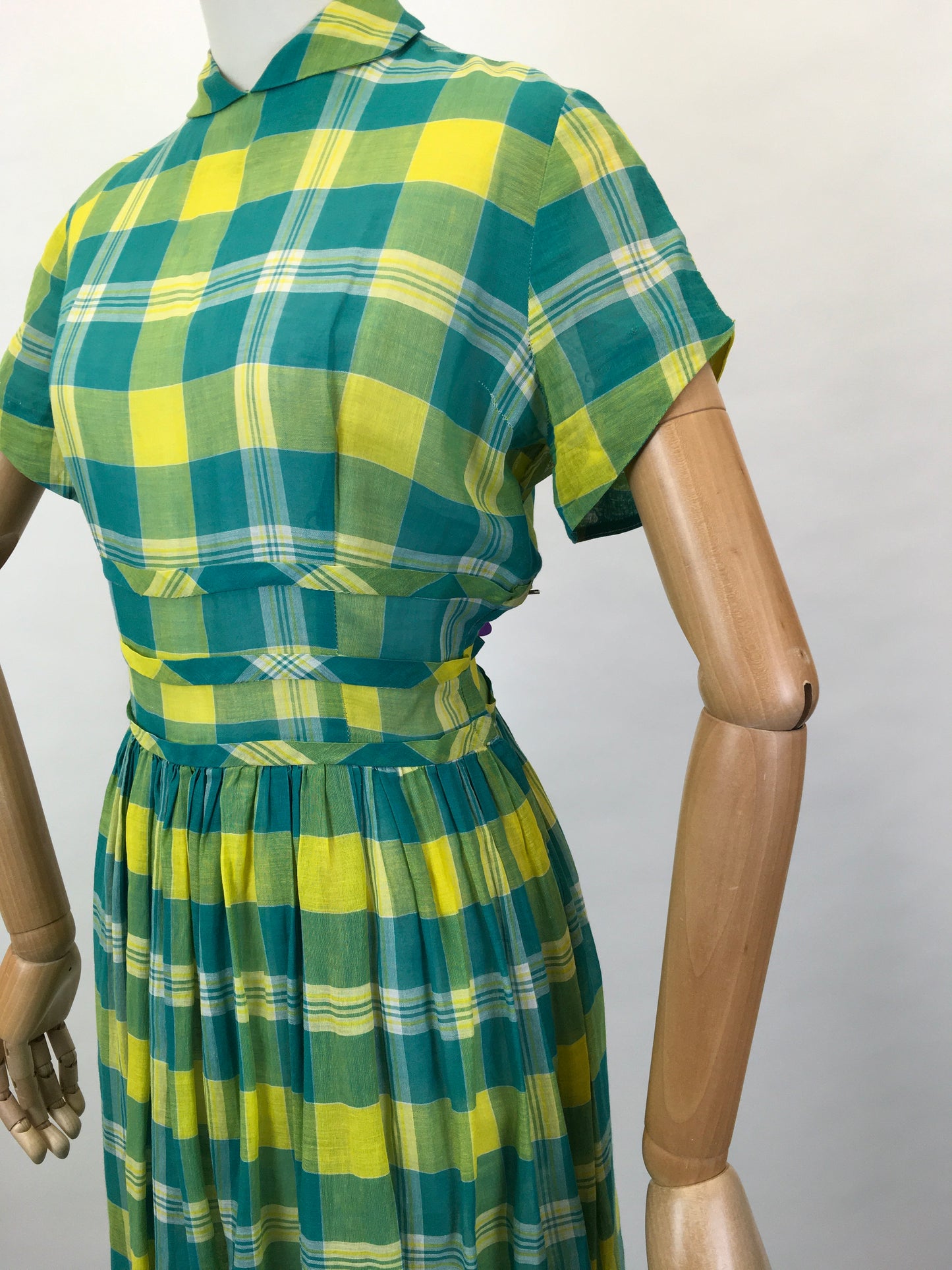 Original Early 1950s Cotton Lawn Day Dress - In a Beautiful Vivid Green and Yellow Plaid