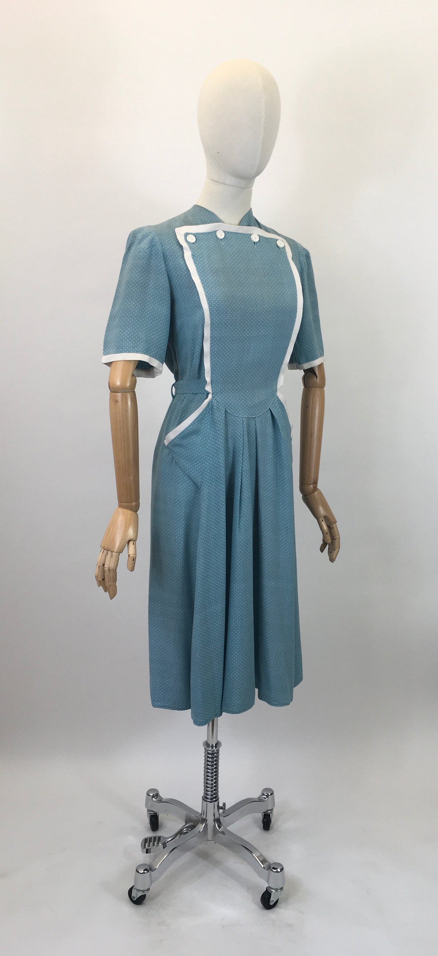 Original 1940's Stunning CC41 Utility Day Dress - In A Darling Duck Egg Blue Polka Dot