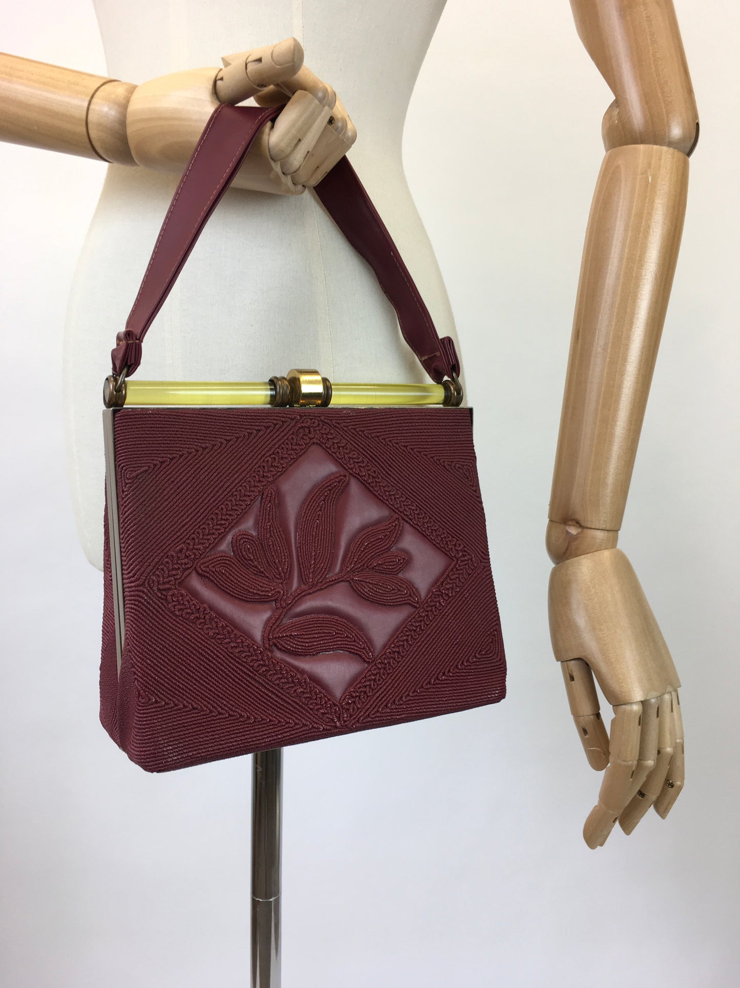 Original 1940's Sensational Vinyl Embossed Corde Handbag - In A Rich Burgundy