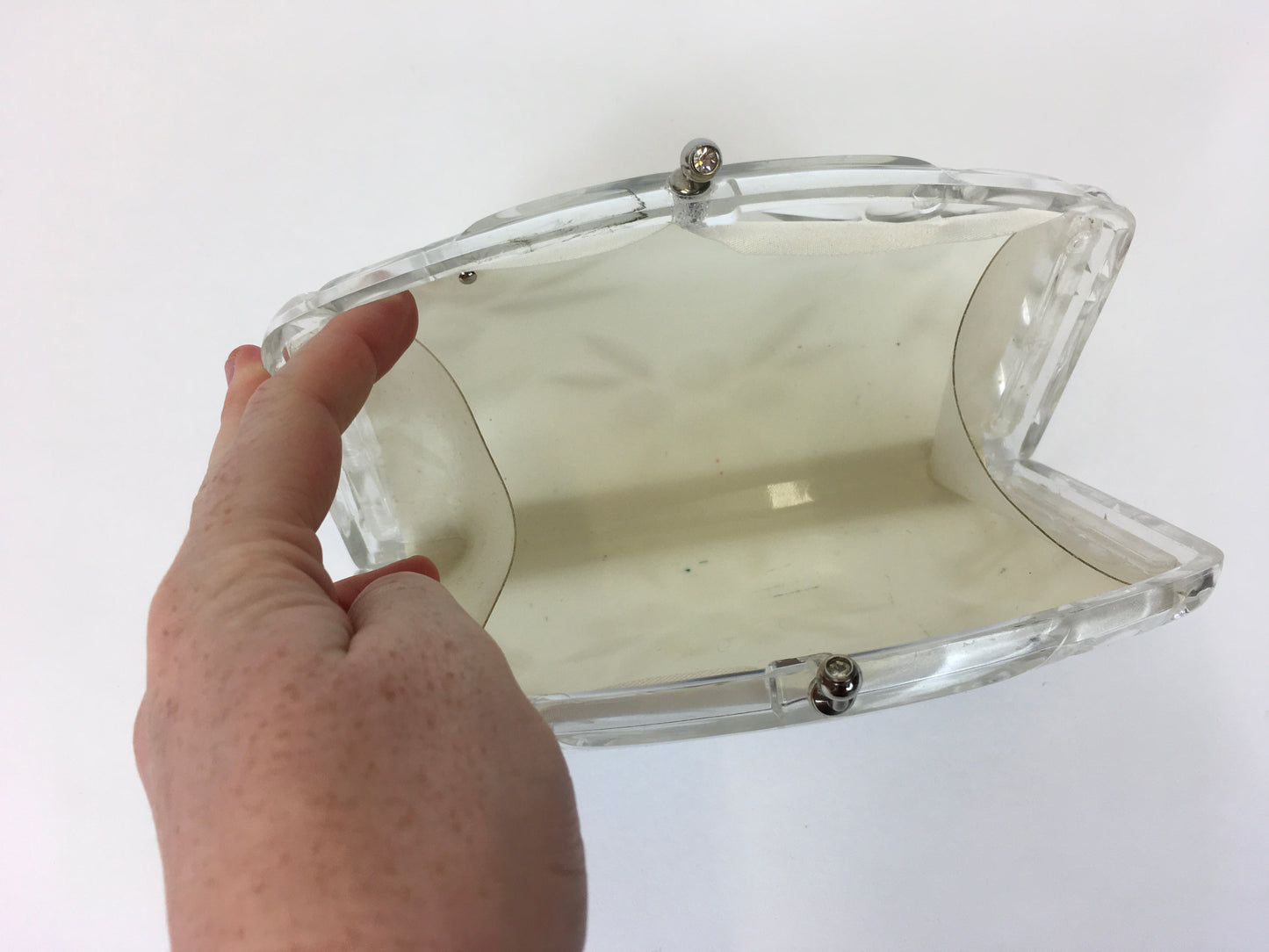 Original 1950’s Clear Lucite Clutch Bag - With Carved Floral And Rhinestone Embellishments