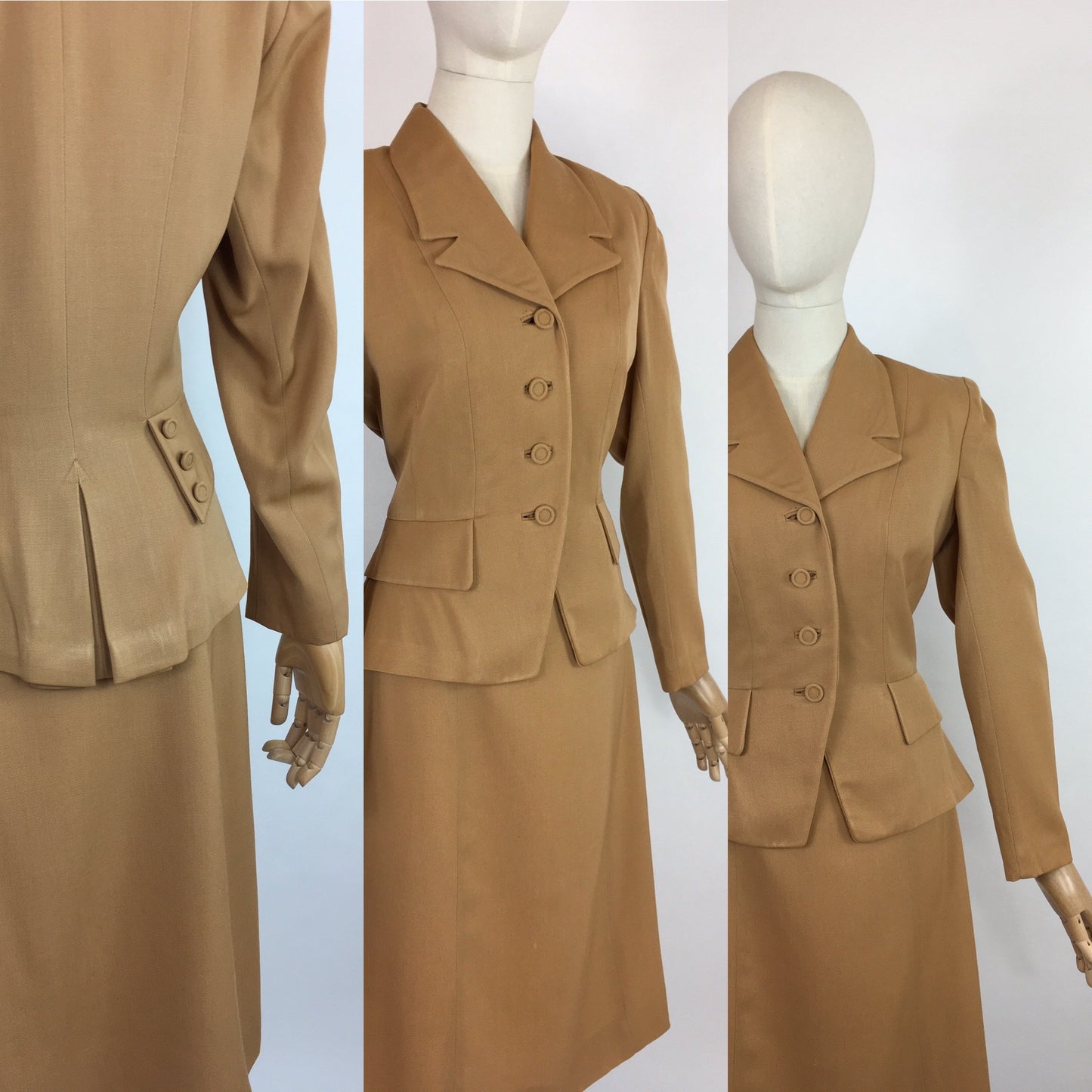 Original 1940’s 2 piece suit In A Lovely Soft Caramel Garbadine - With Amazing Arrow and Button Detailing