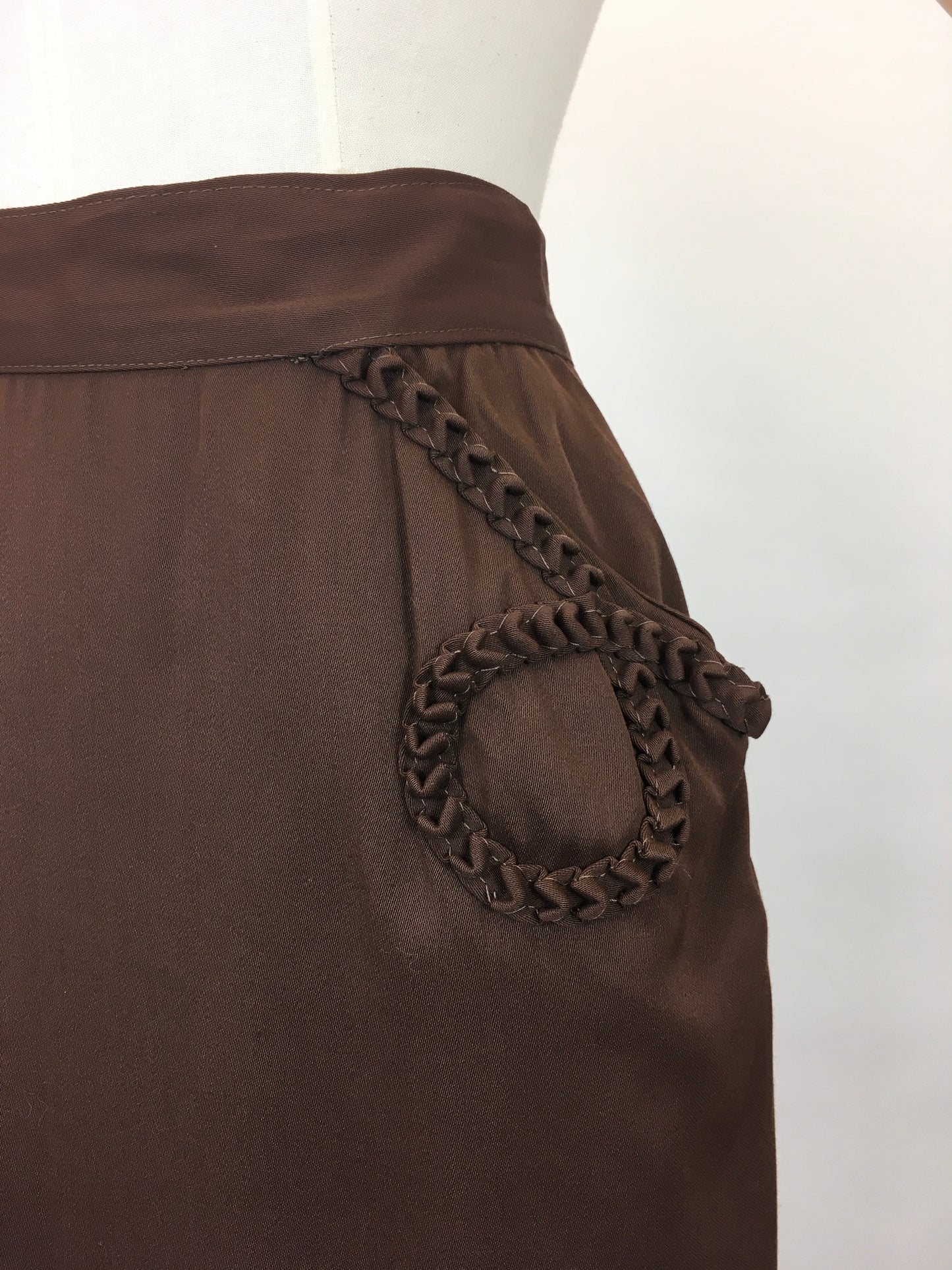 Original 1940's Fabulous Gabardine Skirt in Chocolate Brown - With Decorative Pocket Detailing