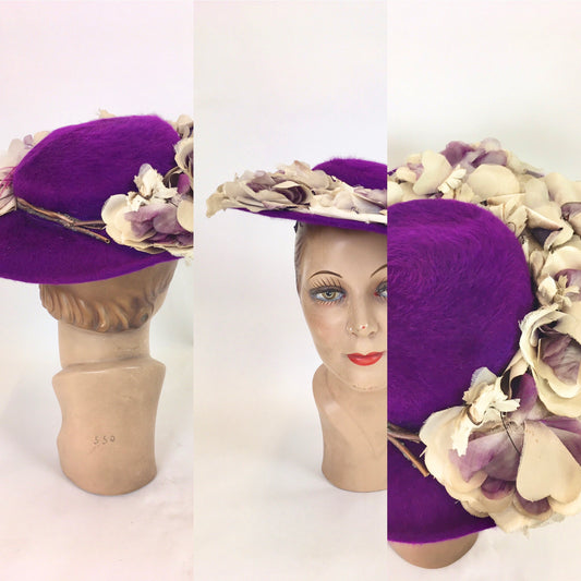 Original 1940’s/ 1950’s Merrimac Platter Hat - In Cadbury Purple with Floral Millinery