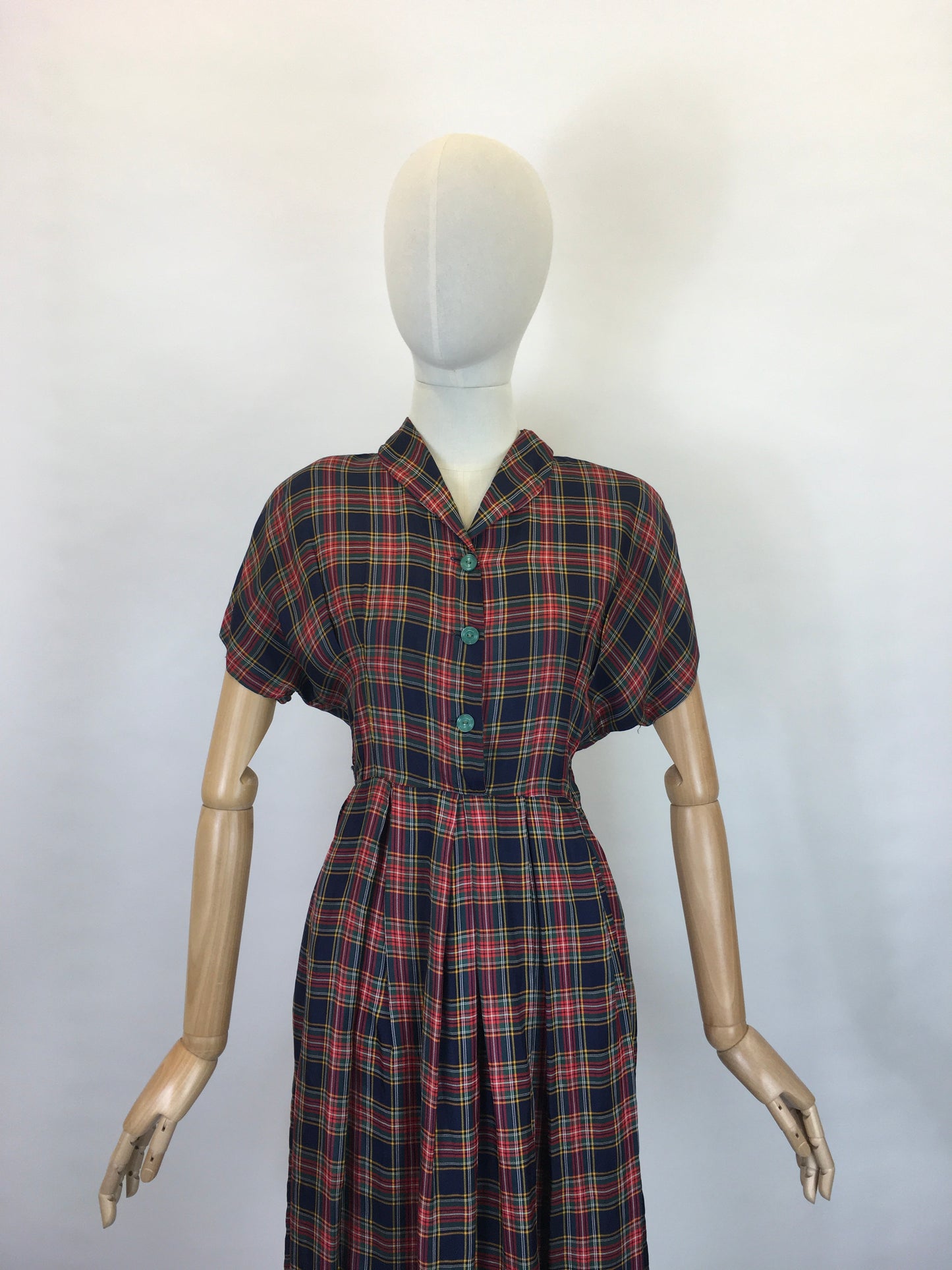 Original 1940’s Plaid Dress - In Rich Blues, Burgundy’s, Old Gold and Forest Greens