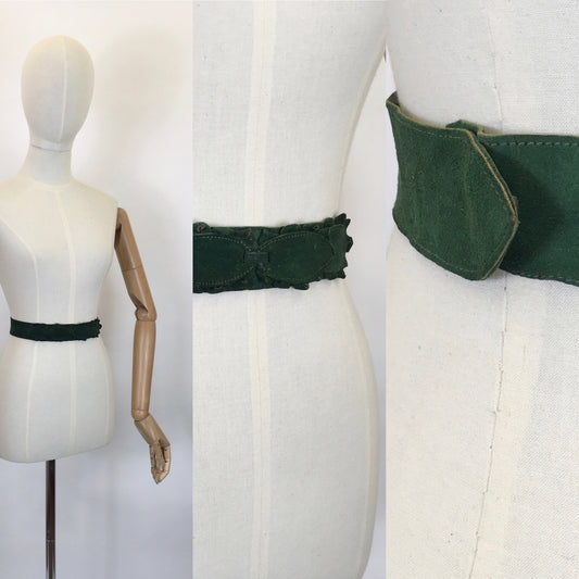 Original 1930’s STUNNING Forest Green Suede Belt - With Lovely Adornments