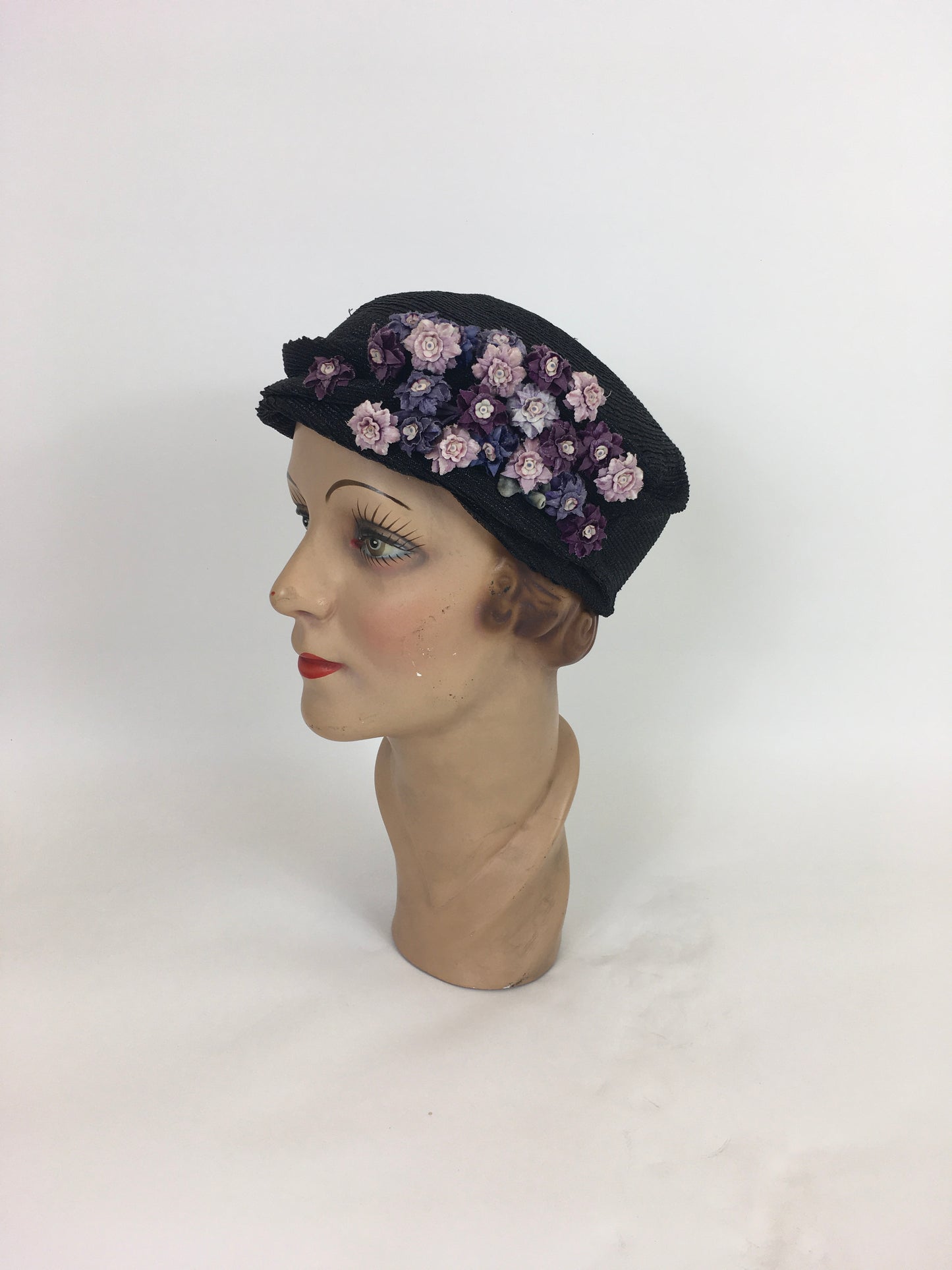 Original 1930’s Amazing Black Straw Hat - Adorned with Soft Mauve, Rich Purples and Violet Velvet Flora