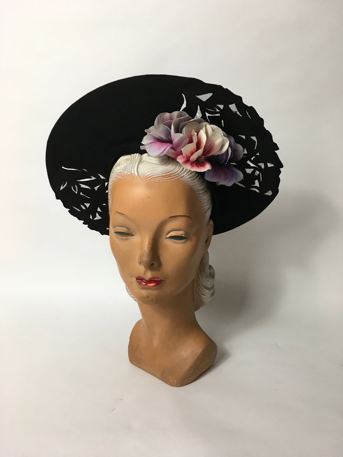 Original 1940’s Black Halo Hat - Illusion cutwork detailing and Floral Adornment