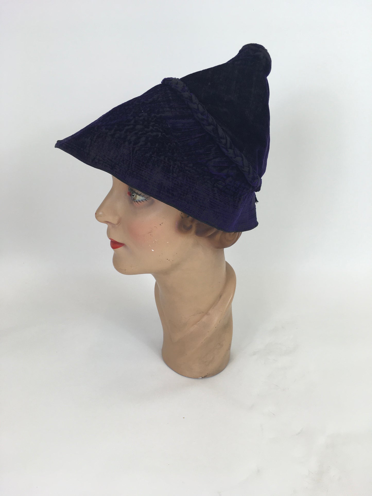 Original 1930’s Sensational Cone Shaped Hat - In A Sublime Cadbury Rich Purple Velvet