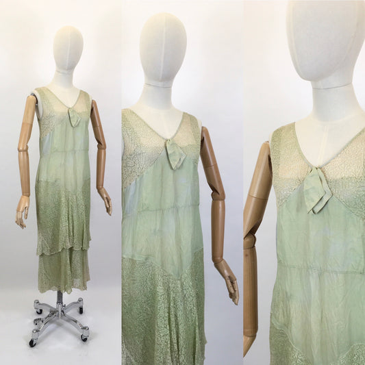 Original As Is 1920’s Stunning Soft Green Dress - In Silk & lace