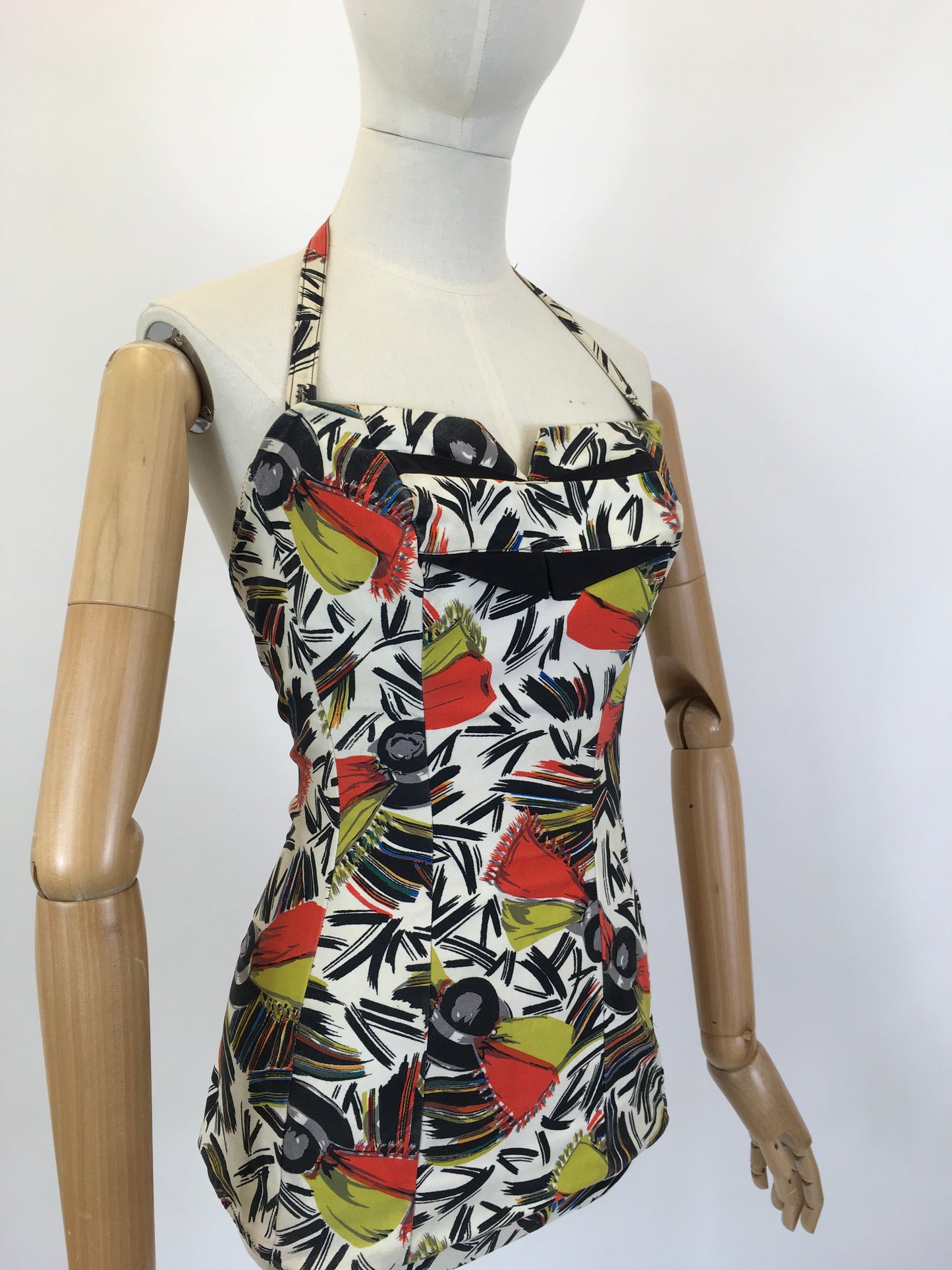 Original 1940’s Bathing Costume in A Fabulous Print - In Painted Black, Chartruese, Orange, White and Teal