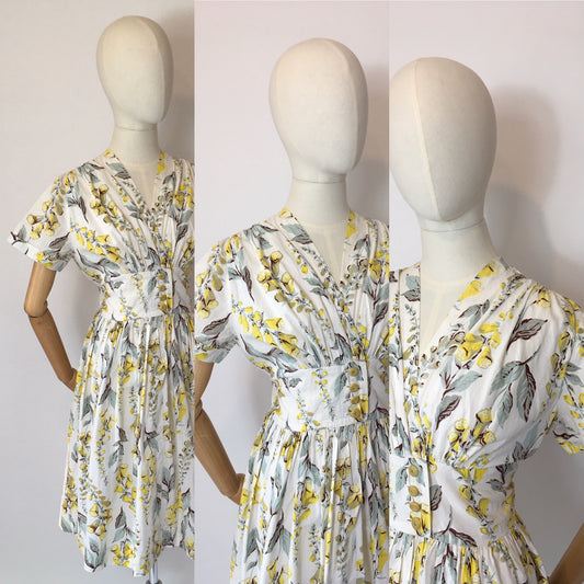 Original 1950s Floral Day Dress - In the Most Beautiful Colour Palette of Buttery Yellows and Mint Greens