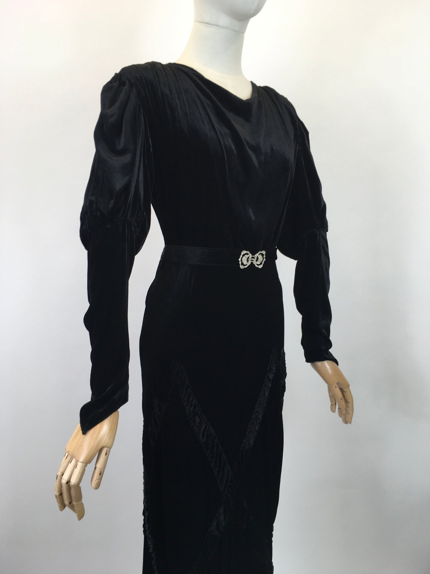 Original 1930's Divine Silk Velvet Evening Gown - With Exquisite Pleated Details and Art Deco Buckle