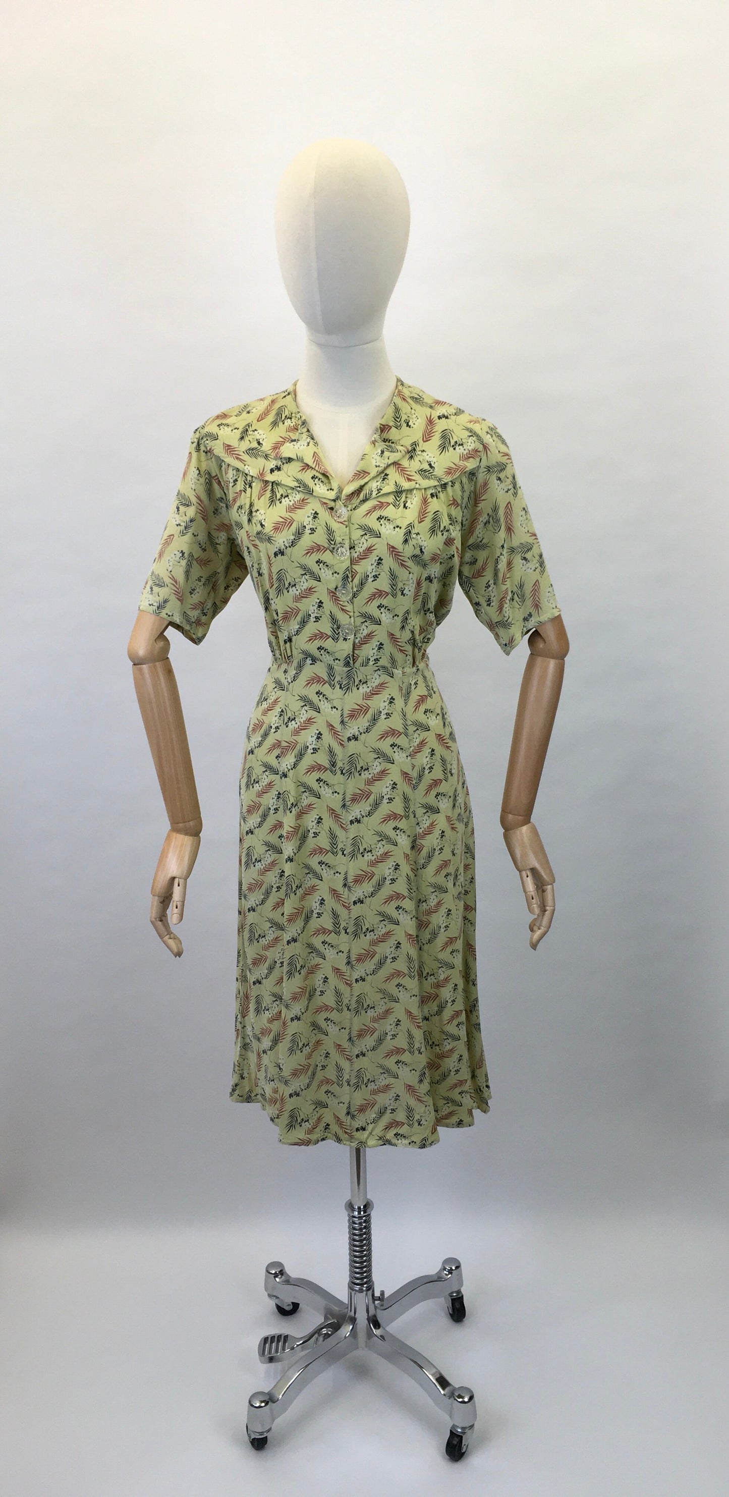 Original 1940s Day Dress - In a Lovely Chartreuse Crepe with Wheat / Leaf Print In Charcoal, Rust and White