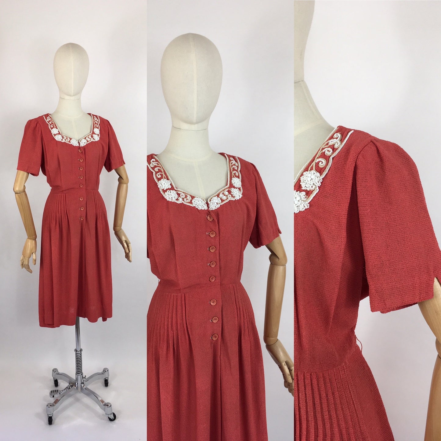 Original 1940’s Dress By ‘ Travelcraft by Sportscraft’ - In a Beautiful Deep Coral with White Floral Beadwork