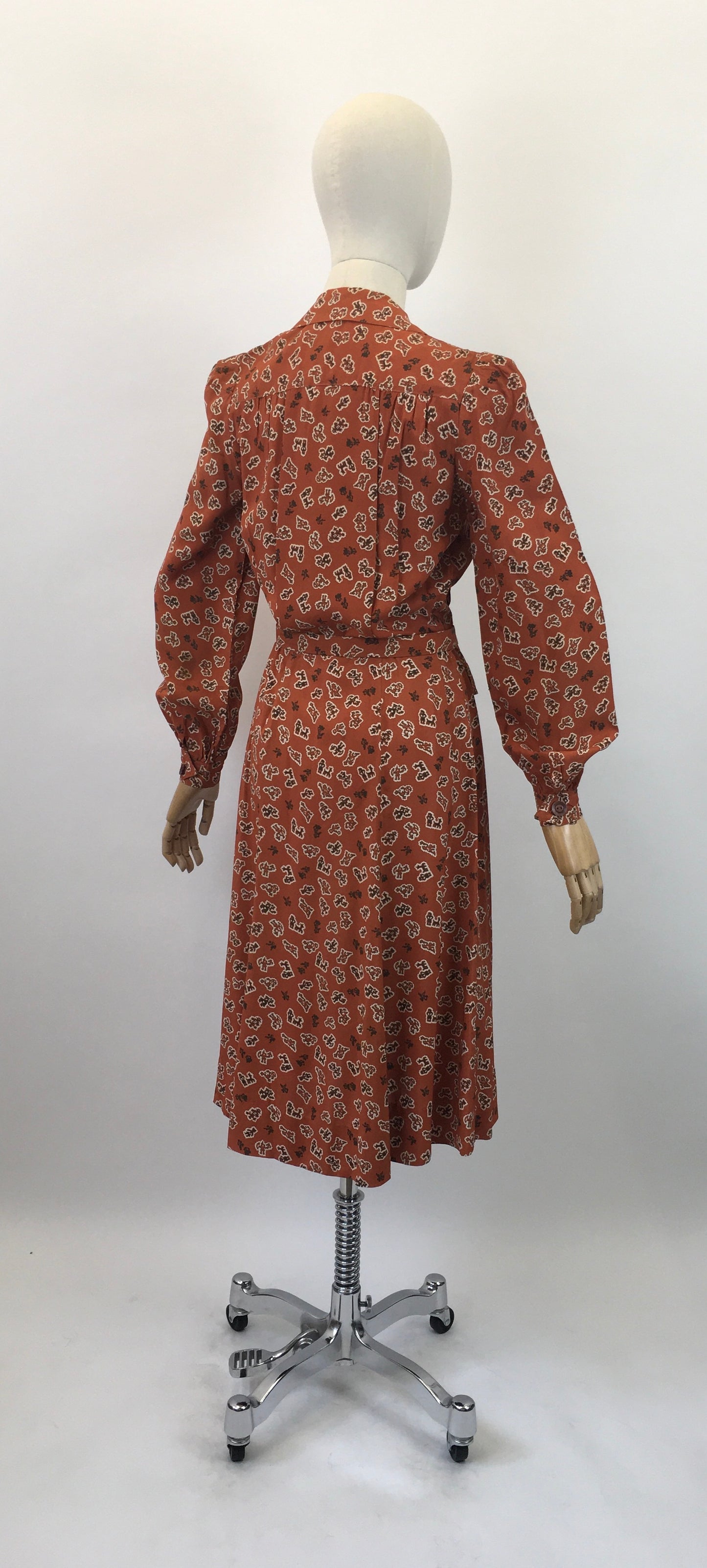 Original 1940's Gorgeous Novelty Print Dress - In A Cinnamon, Black and White Crepe De Chine