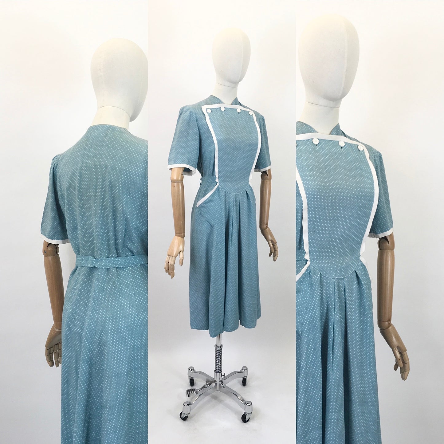 Original 1940's Stunning CC41 Utility Day Dress - In A Darling Duck Egg Blue Polka Dot