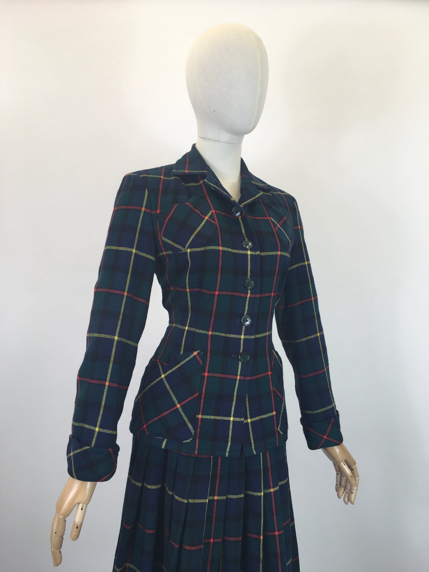 Original 1940's Stunning 2pc Suit - In A Fabulous Wool Plaid in Red, Yellow, Green & Navy
